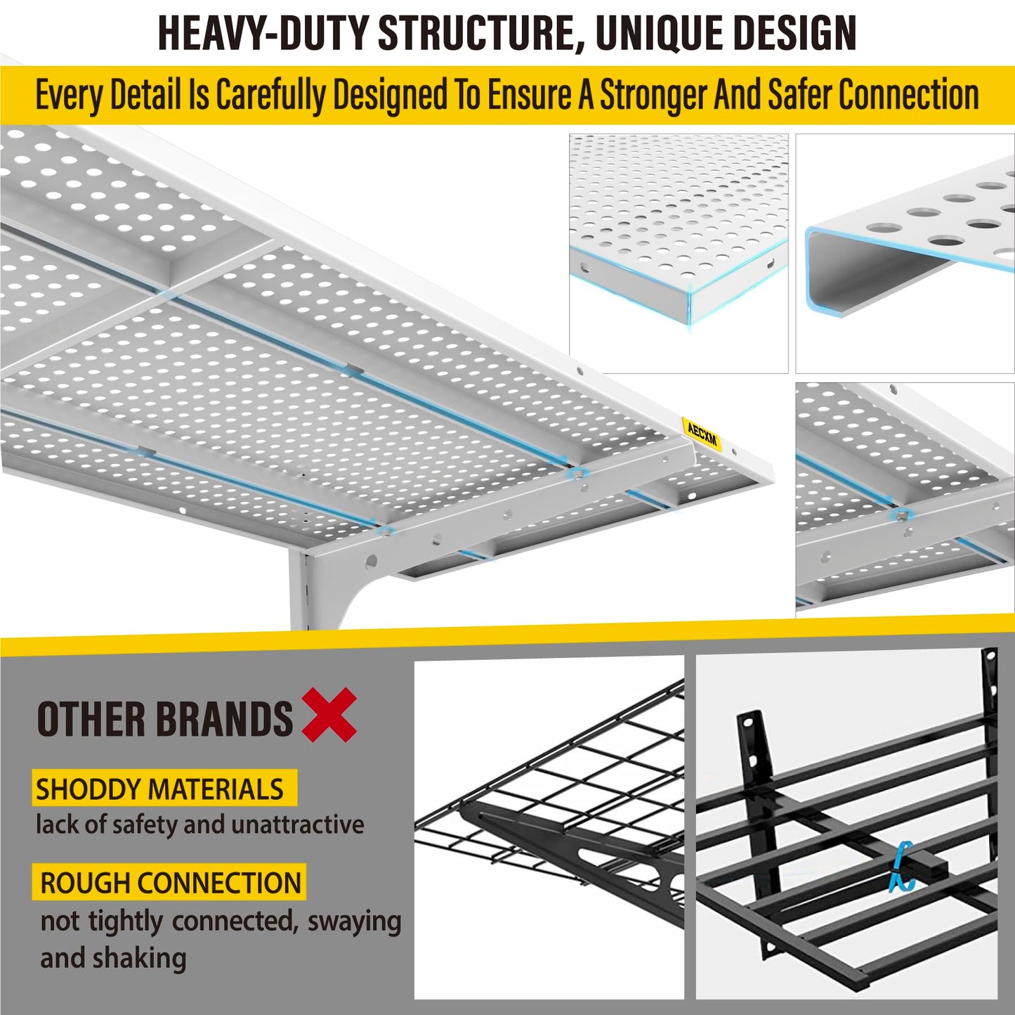 Aecxm 2-Pack 2 Tier 1.3x4ft Garage Shelving Wall Mounted, 520lbs Load Capacity，15.6x48inch per Shelf Height Cassette Adjustable Floating Shelves (White)