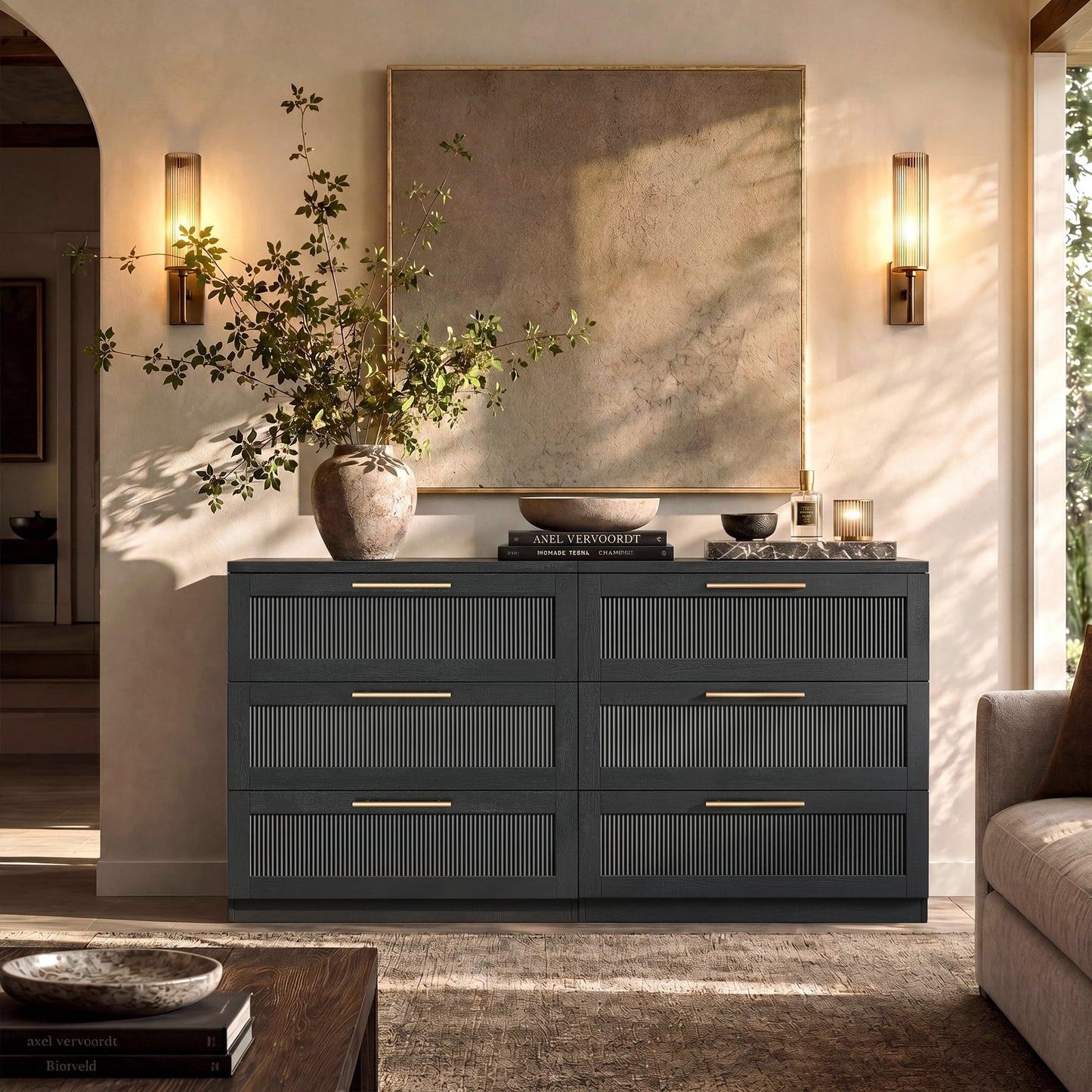 ModernMate 3 Drawer Dresser for Bedroom, Black Wood Grain Wide Nightstand and Chest of Drawers with Wave-Panel Front, 31" Tall Modular Storage Cabinet for Living Room