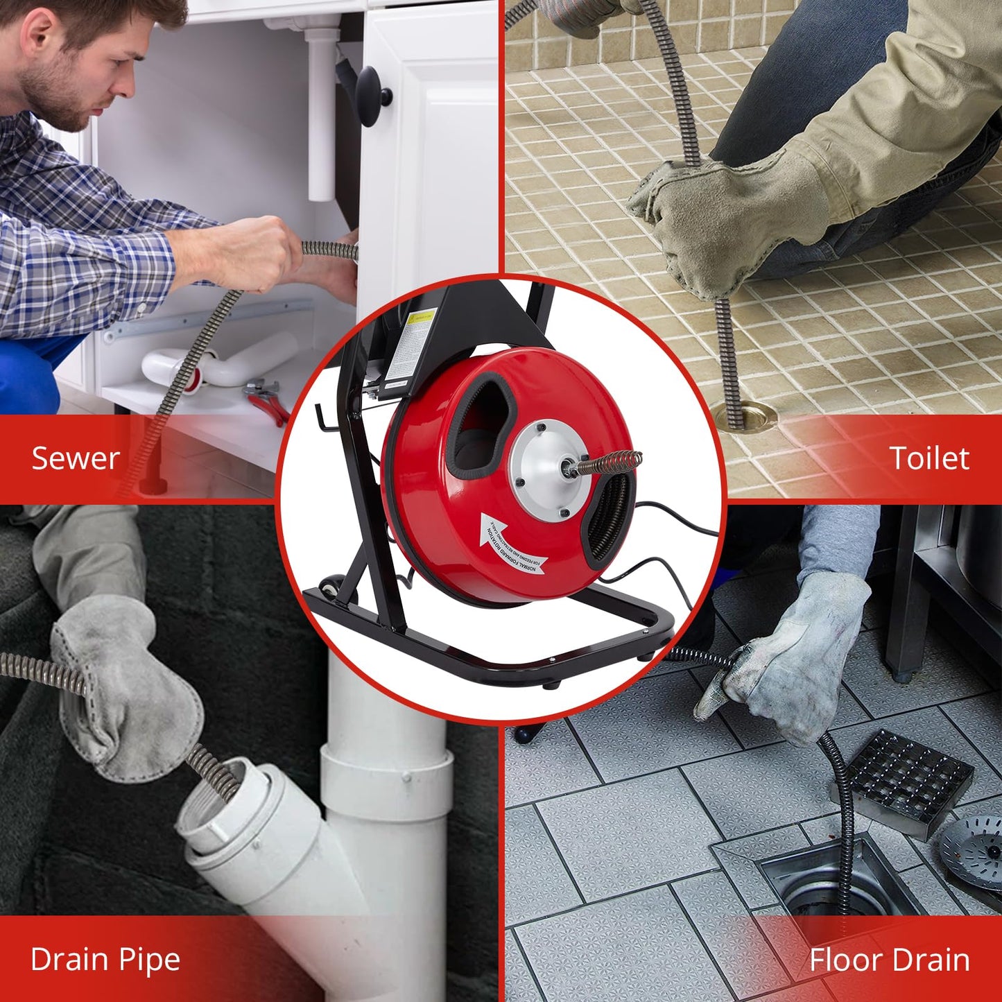 Garvee Drain Cleaner Machine, 50 Ft X 1/2 in Professional Electric Drain Auger for 1 to 4 in Pipes, Portable Electric Drain Snake with 4 Cutters & Foot Switch and Pair of Gloves