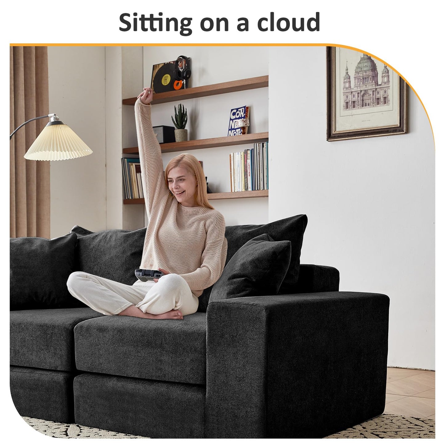 Modular Sectional Loveaeat Cloud Sofa, Boneless Couch with Non Slip Base, Cozy Sleeper Sofa for Customizable Living Spaces, Modern Modular Couch with L-Shape Chaise, Deep Seat & No Assembly, Black