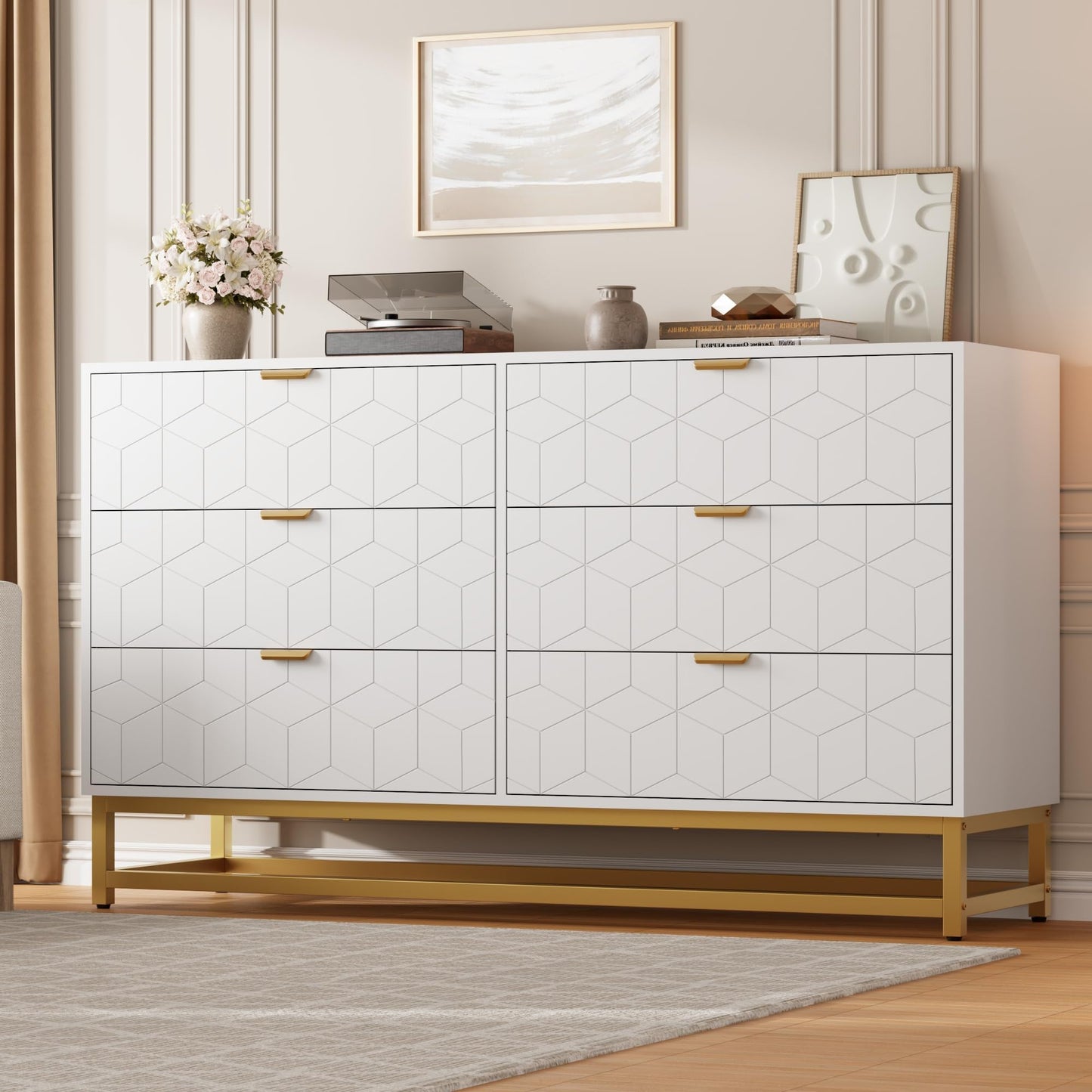 IDEALHOUSE White 6 Drawer Dresser for Bedroom, 53.5” Large Dresser with Metal Legs, Modern Chest Organizer with Wide Storage, Chest of Drawers for Bedroom, Living Room, Entryway