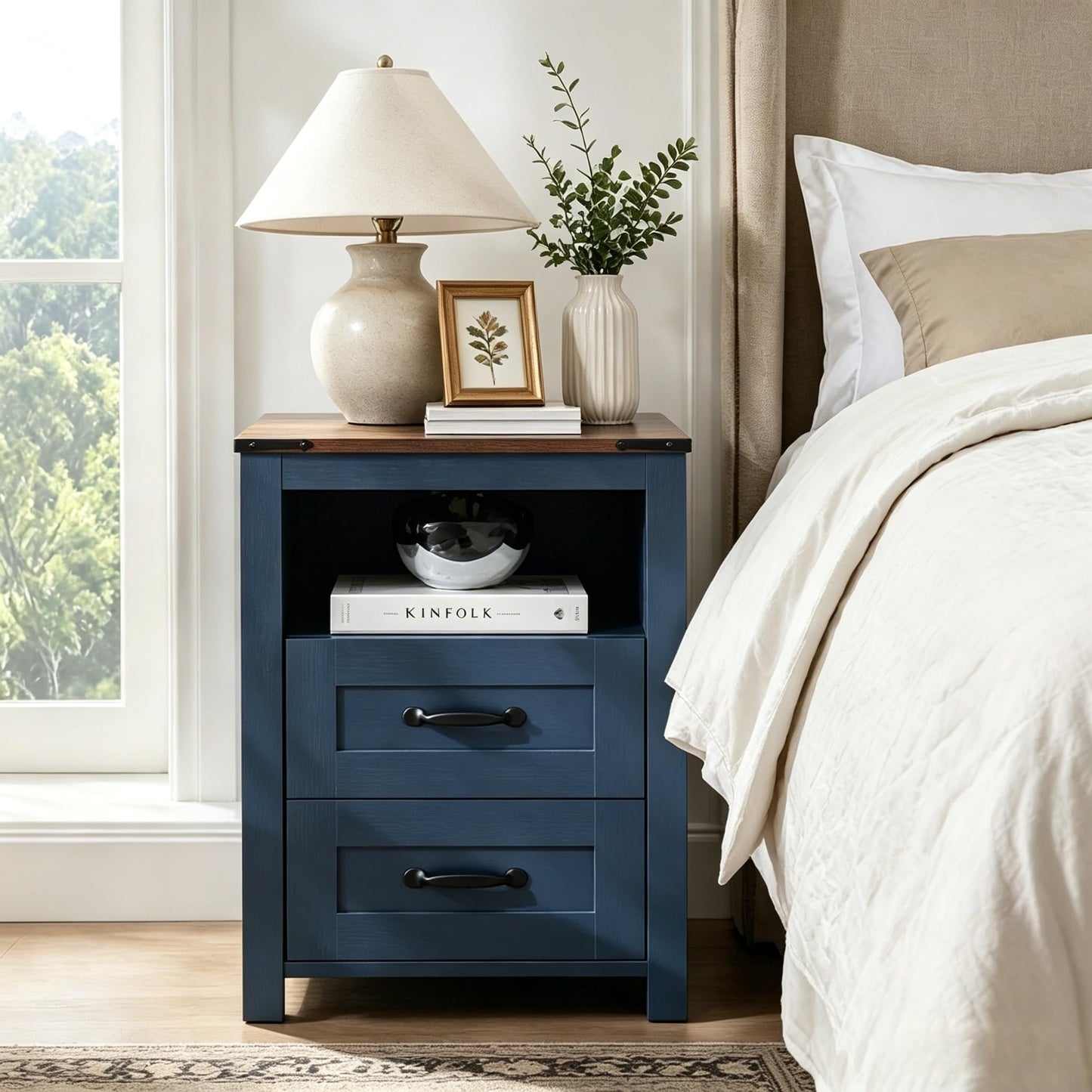 Stabrech Farmhouse Night Stand Set of 2, Rustic Blue Nightstand for Bedroom, End Tables Without Charging Station, Bedside Table with Drawers, Wood Bedside Cabinet Dresser