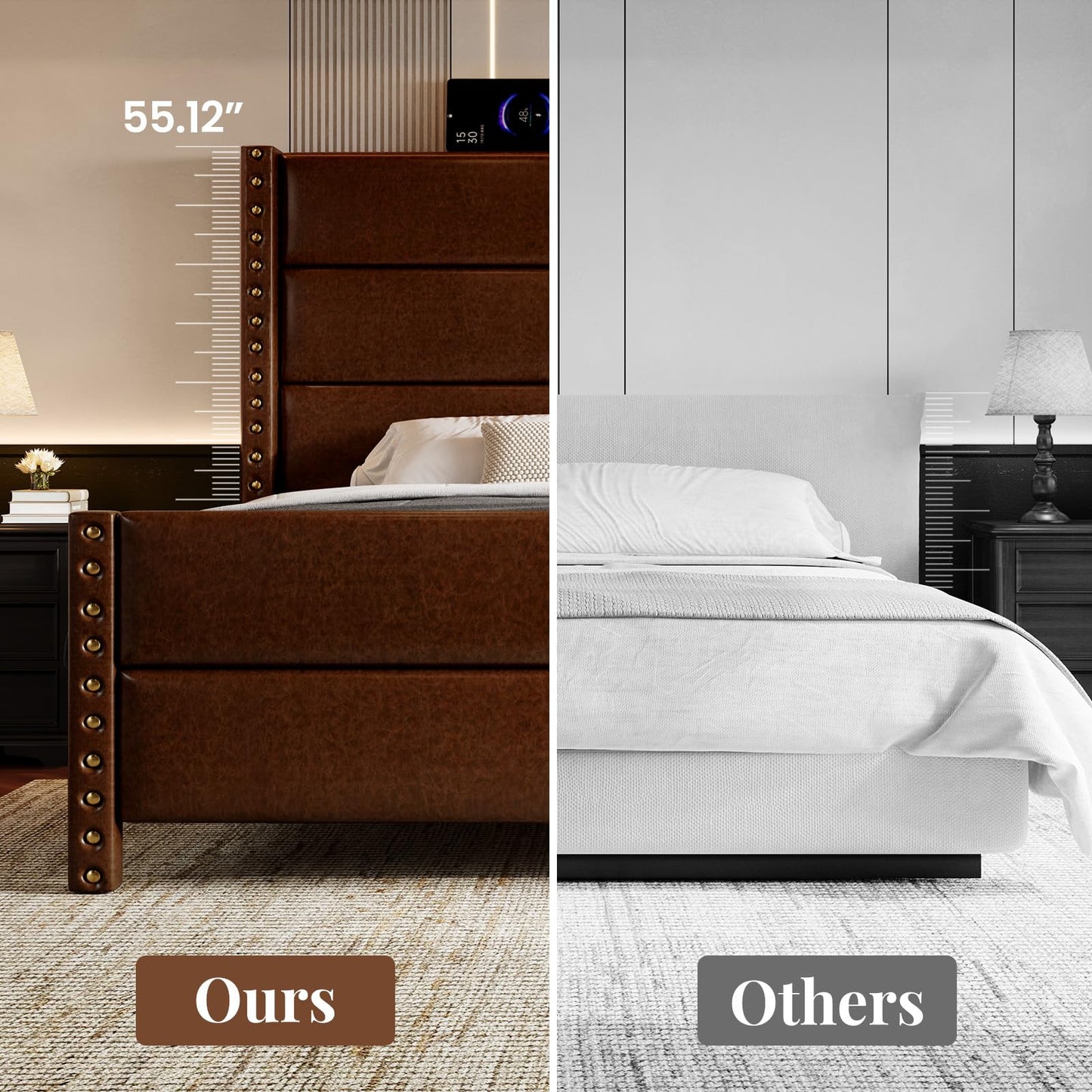 Uteeran King Size Bed Frame with Storage Shelf & Charging Station, 55" Tall Headboard & 25.6" Footboard, Faux Leather Upholstered Platform Bed with Big Rivets Wingback, Heavy Duty & Noise-Free, Brown