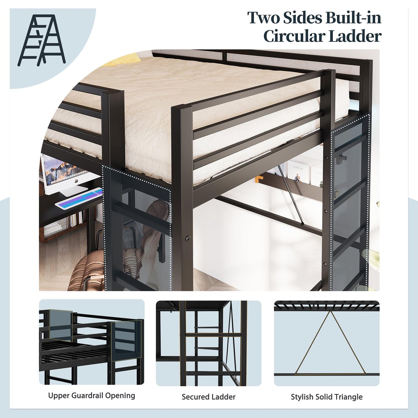 SUNLEI Loft Bed with Desk, Metal Loft Bed Full Size with 2 Built-in Ladders, Space-Saving Bed Frame, with Safety Guard, Noise Free for Small Bedroom, (Full Size) Black
