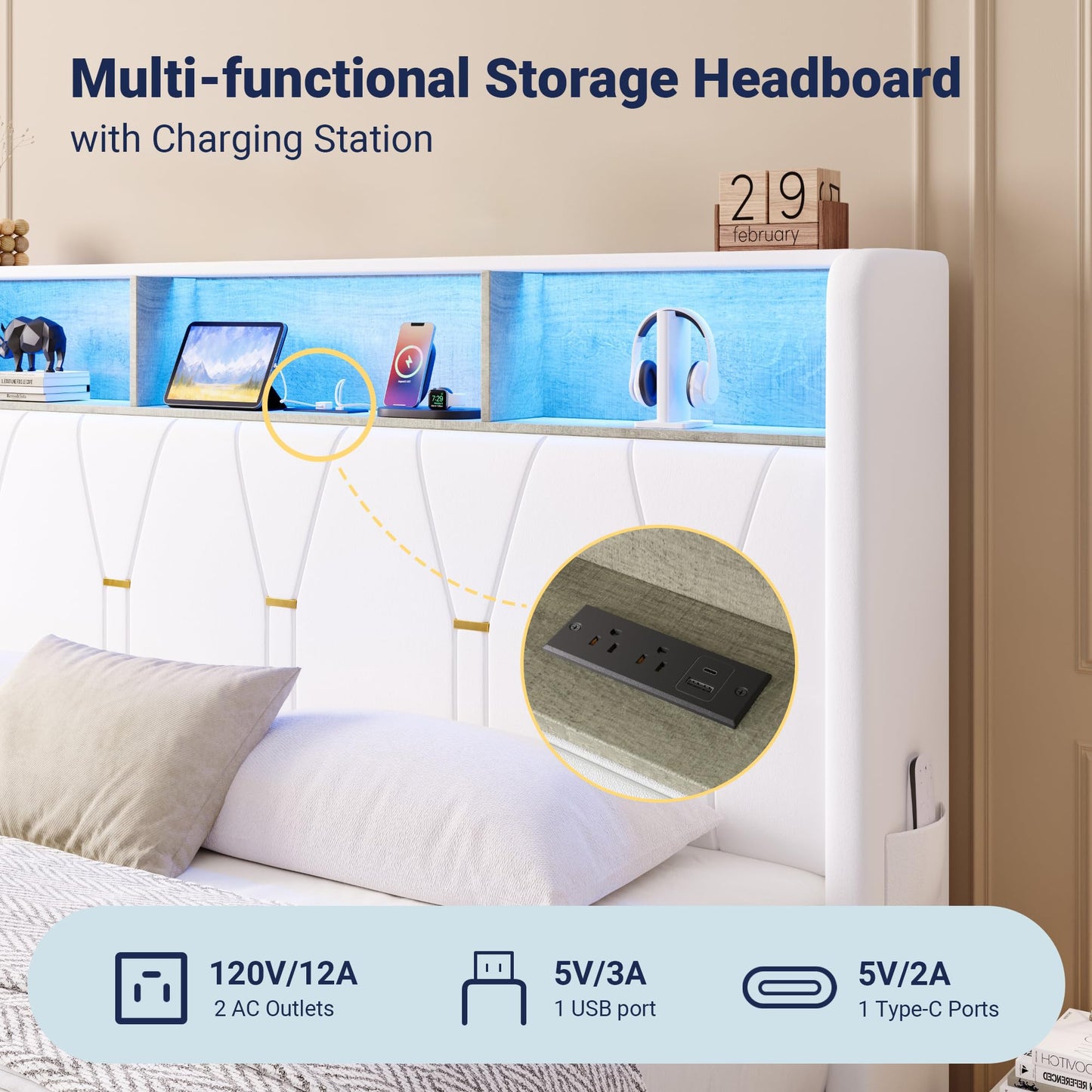 Allewie Full Bed Frame with 2-Tier Storage Headboard, Charging Station & LED Lights, Velvet Upholstered Platform Bed with 2 Drawers, Wingback Headboard, Gold Button Tufted, No Box Spring Needed, White