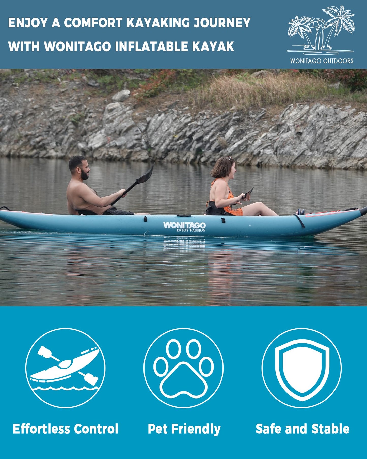 WONITAGO PVC Inflatable Kayak with Drop Stitch Floor, Recreational Touring Kayak with Kayak Paddle, Hand Pump and Carrying Bag, 2 Person, Blue