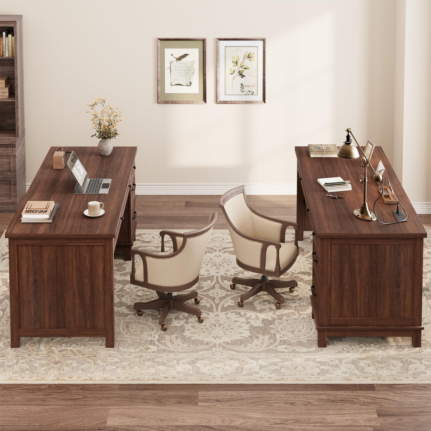 GarveeHome Executive Desk with Drawers, Farmhouse Home Office Desk with Charging Station, 53.54 in Wooden Computer Desk with File Cabinet Storage for Work Study Writing,Walunt Brown