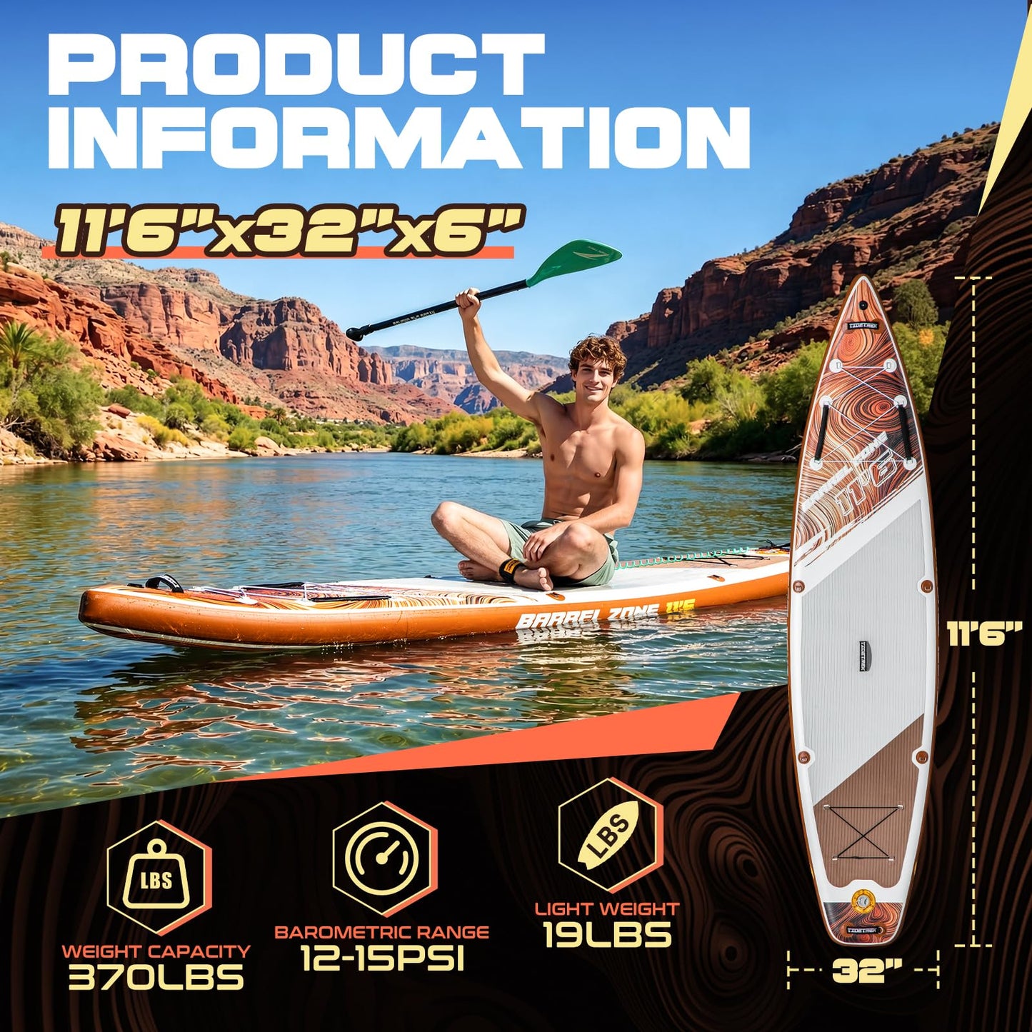 TIDETREK 11'6" Inflatable Stand Up Paddle Boards, Premium SUP Accessories, Non-Slip Comfort Deck for Youth & Adults (Amber Drift)