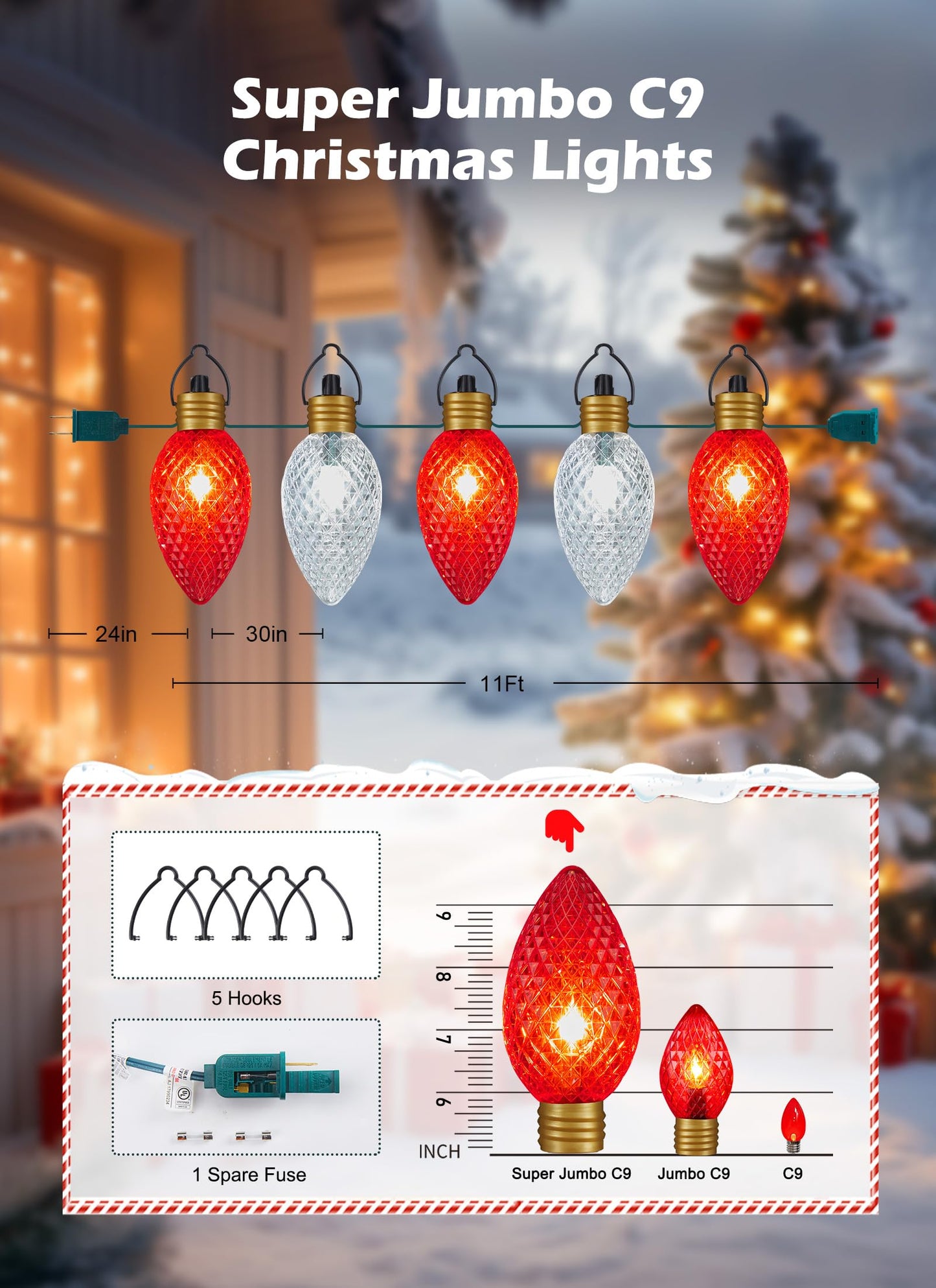 Minetom Christmas String Lights, 11ft Jumbo C9 Outdoor Decorations, 2 Pack, Red & Cool White, Waterproof, Model GY-C-50.6-U-B1
