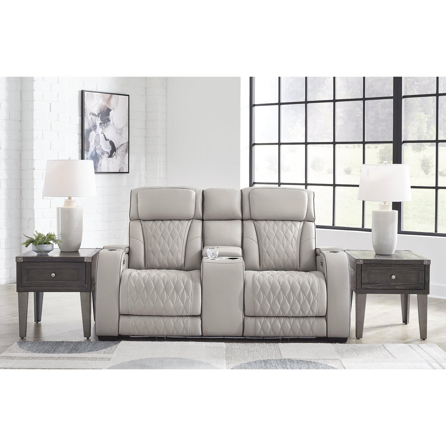 Signature Design by Ashley Boyington Contemporary Leather Match Power Reclining Loveseat with Console and USB Charging Ports, LED Lights and Adjustable Headrest, Light Gray