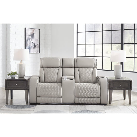 Signature Design by Ashley Boyington Contemporary Leather Match Power Reclining Loveseat with Console and USB Charging Ports, LED Lights and Adjustable Headrest, Light Gray