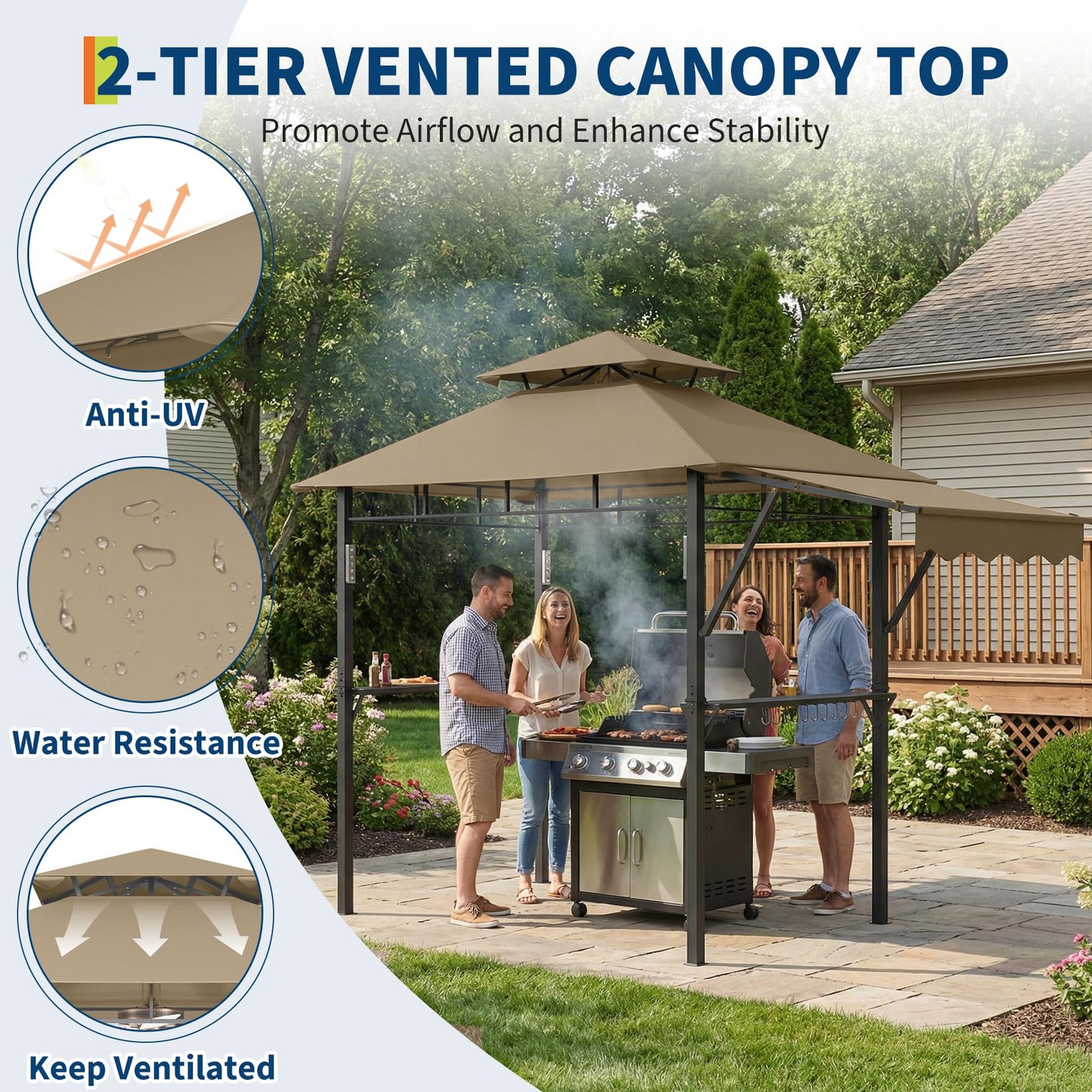 8x5 ft Grill Gazebo, Double Tired Outdoor Patio Canopy Tent with Side Awning Shelves,4 LED Lights,10 Hooks & Bottle Opener,Heavy Duty Steel Frame Grilling Canopy for Patio Backyard Garden Picnic,Khaki