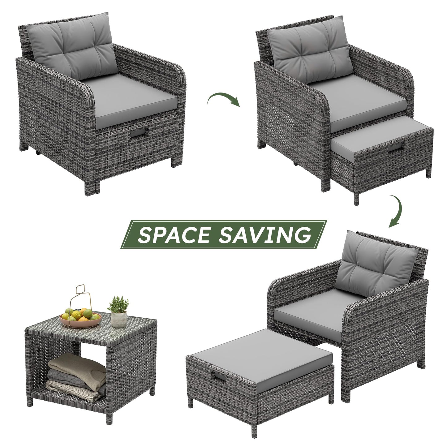 LHBcraft Balcony Furniture 5 Piece Patio Chairs Conversation Set, PE Wicker Rattan Outdoor Lounge Chairs with Soft Cushions 2 Ottoman-Glass Table for Porch, Charcoal