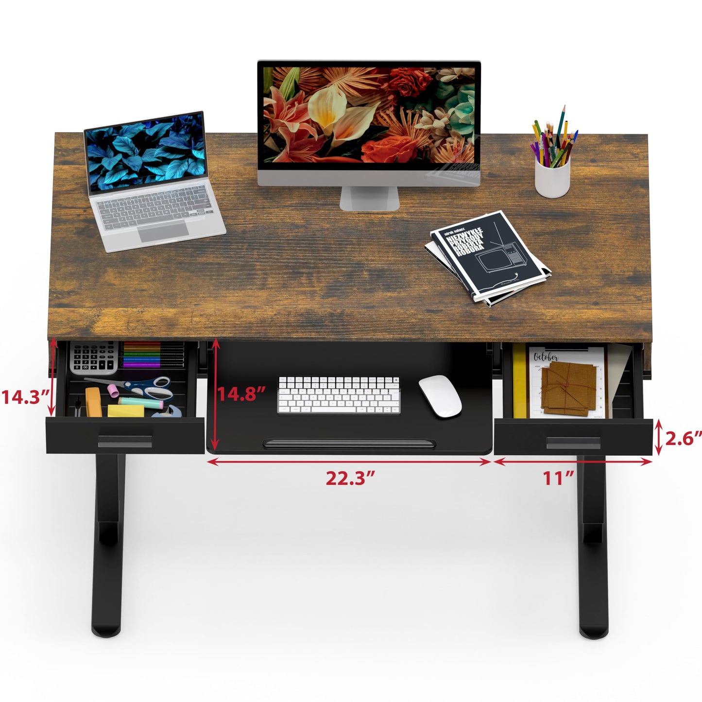 SHW 48-Inch Electric Height Adjustable Desk with Keyboard Tray and 2 Drawers, Rustic Brown