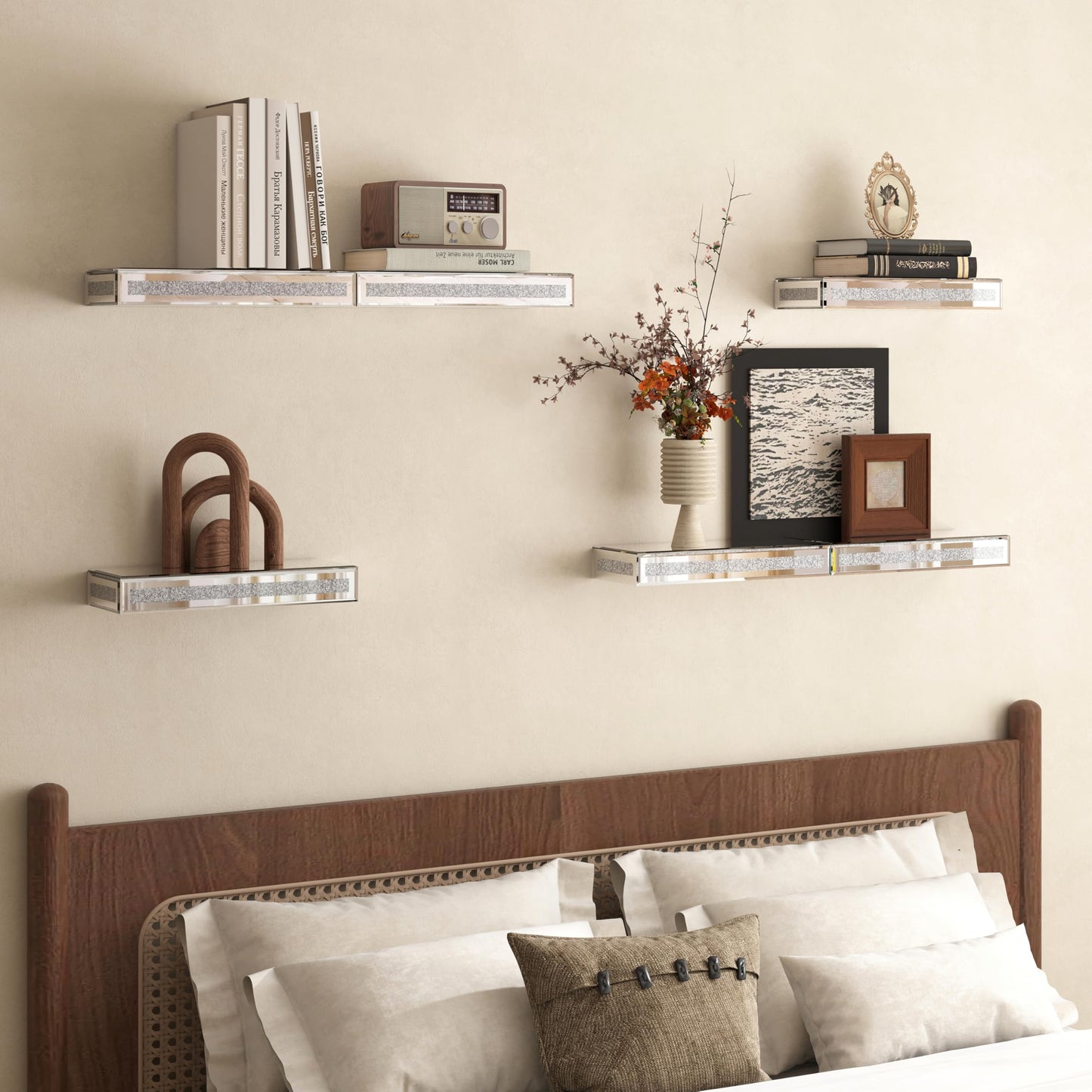 SHYFOY Mirrored Floating Shelves Set of 6, Bling Shelves for Wall Decor, Silver Glass Shelf for Bedroom, Bathroom Storage Shelves, Book Shelves for Living Room