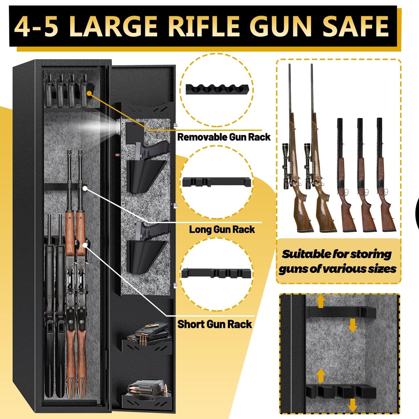 Kaer 4-5 Gun Safe,Gun Safe for Rifles and Pistols,Long Rifle Safe for Home,Gun Cabinet for Rifles and Shotguns with Fingerprint/Digital Keypad/Removable Shelf No Assembly Needed