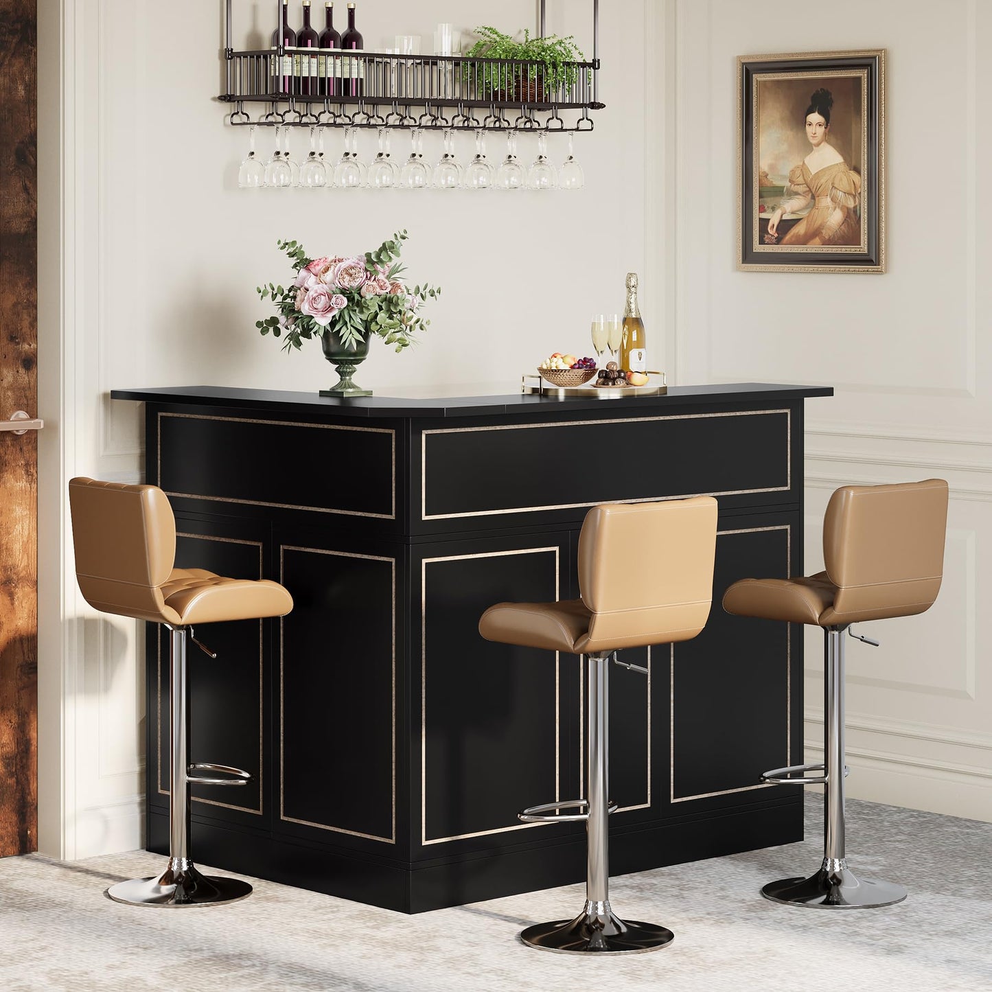Tribesigns L-Shaped Bar Cabinet, 4-Tier Corner Bar Unit with Stemware Racks, Black