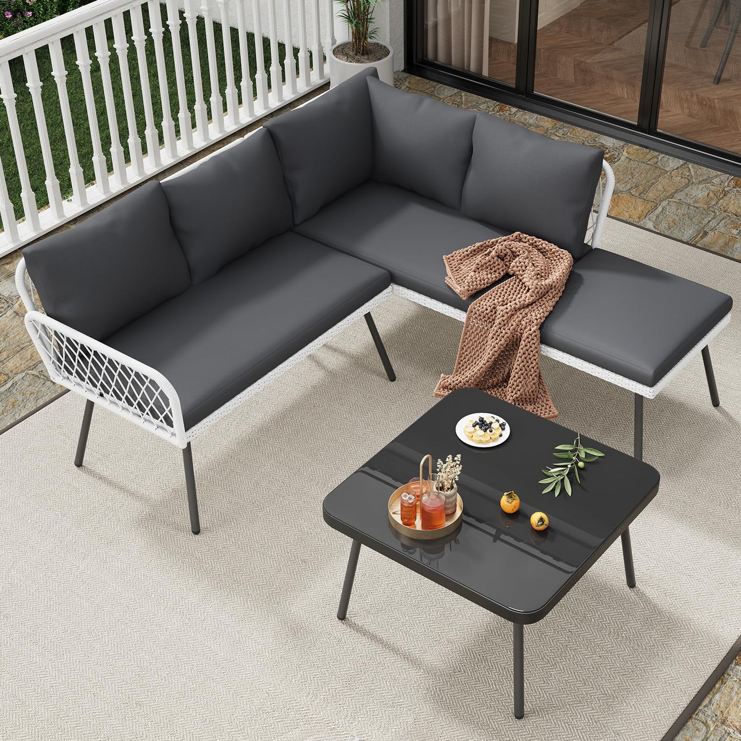 Garvee 4 Piece Patio Furniture Set, Outdoor Wicker Sectional Sofa with 2 Chairs, loveseat & Glass Top Coffee Table, 5mm Cushions inckuded L-Shaped Couch Set for Yard Garden Porch Poolside Sunroom