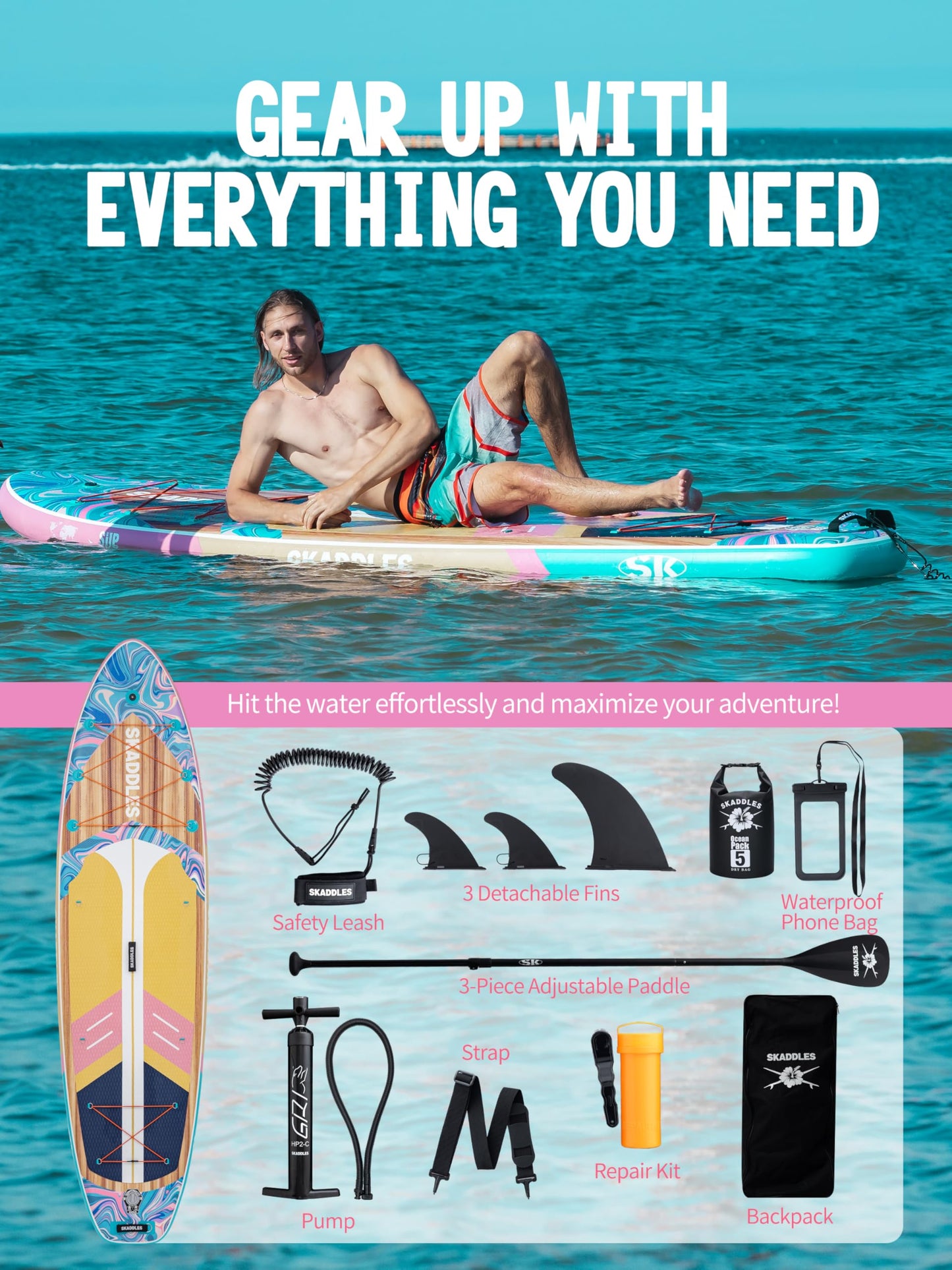 11' Inflatable Stand Up Paddle Board – Extra Wide SUP Paddleboard for Adults, Premium Inflatable Board with Paddle, Pump, Fins, Backpack, Leash & Waterproof Bags (Ocean Bloom)