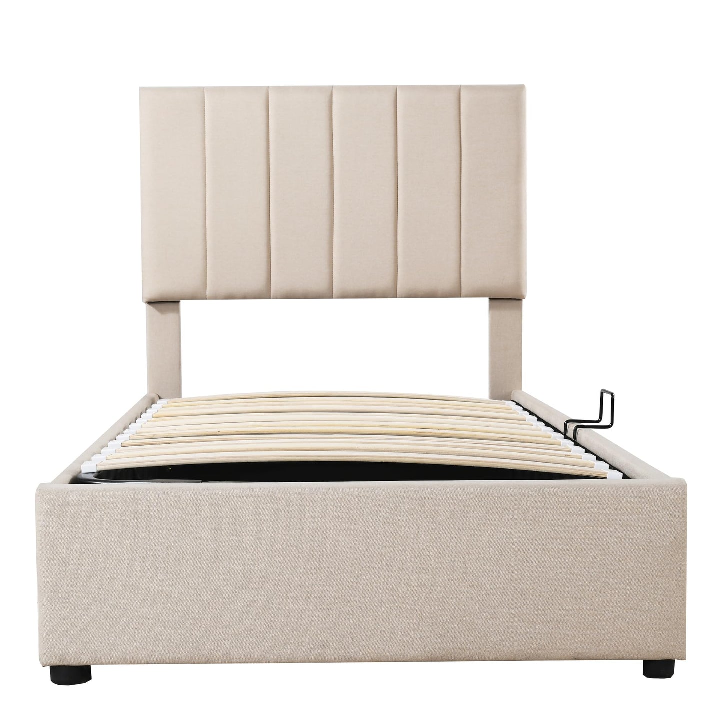 Twin Size Upholstered Platform Bed with Hydraulic Storage System, Vertical Stripe Headboard, Lift Up Storage Bed Frame with Slats Support No Box Spring Needed Modern Bedroom Furniture, Beige