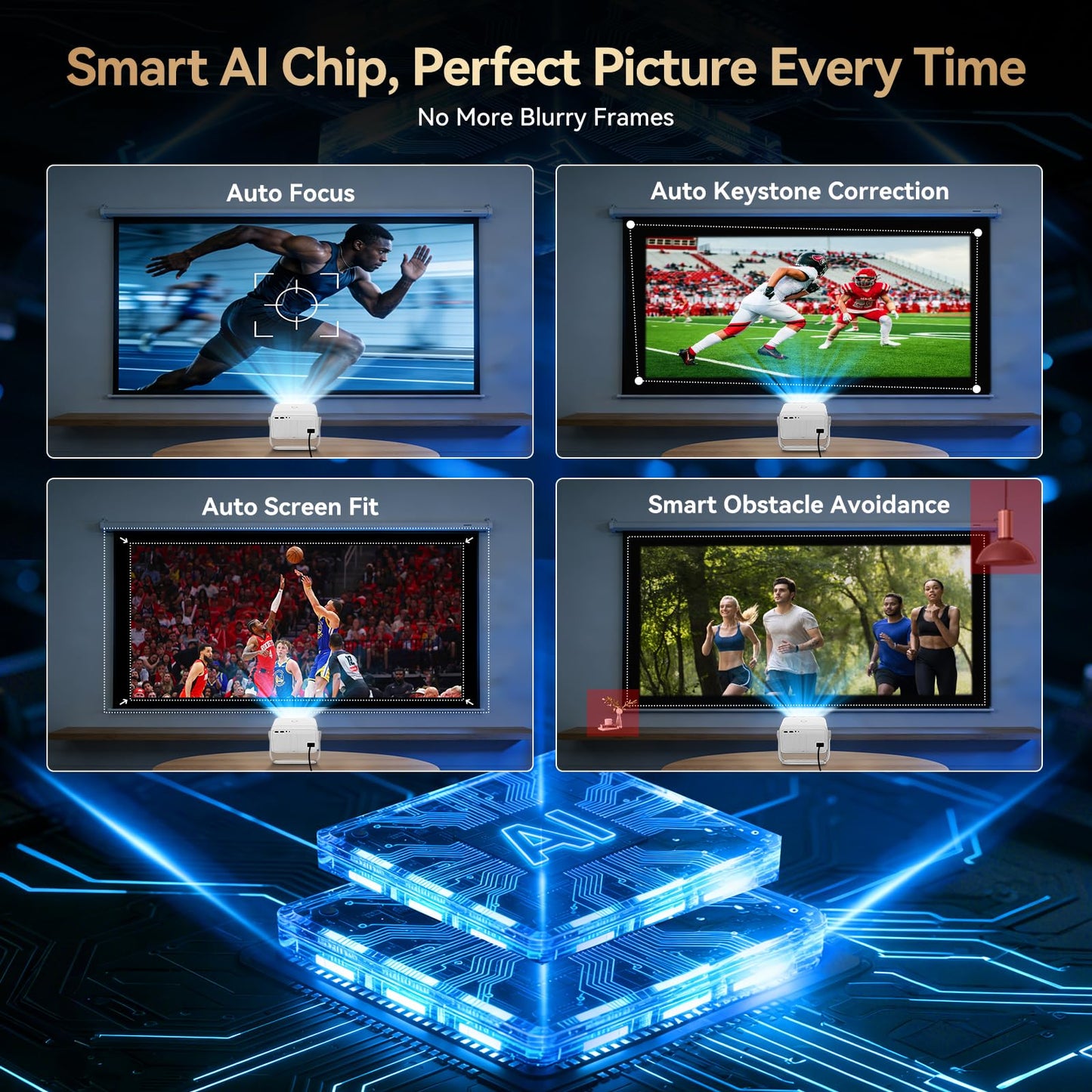 Projector with WiFi and Bluetooth, Officially Licensed App & Native 1080P, Auto Focus & Keystone Outdoor Movie Projector, 4K Supported for Dorm/Ceiling/Home Theater/Bedroom