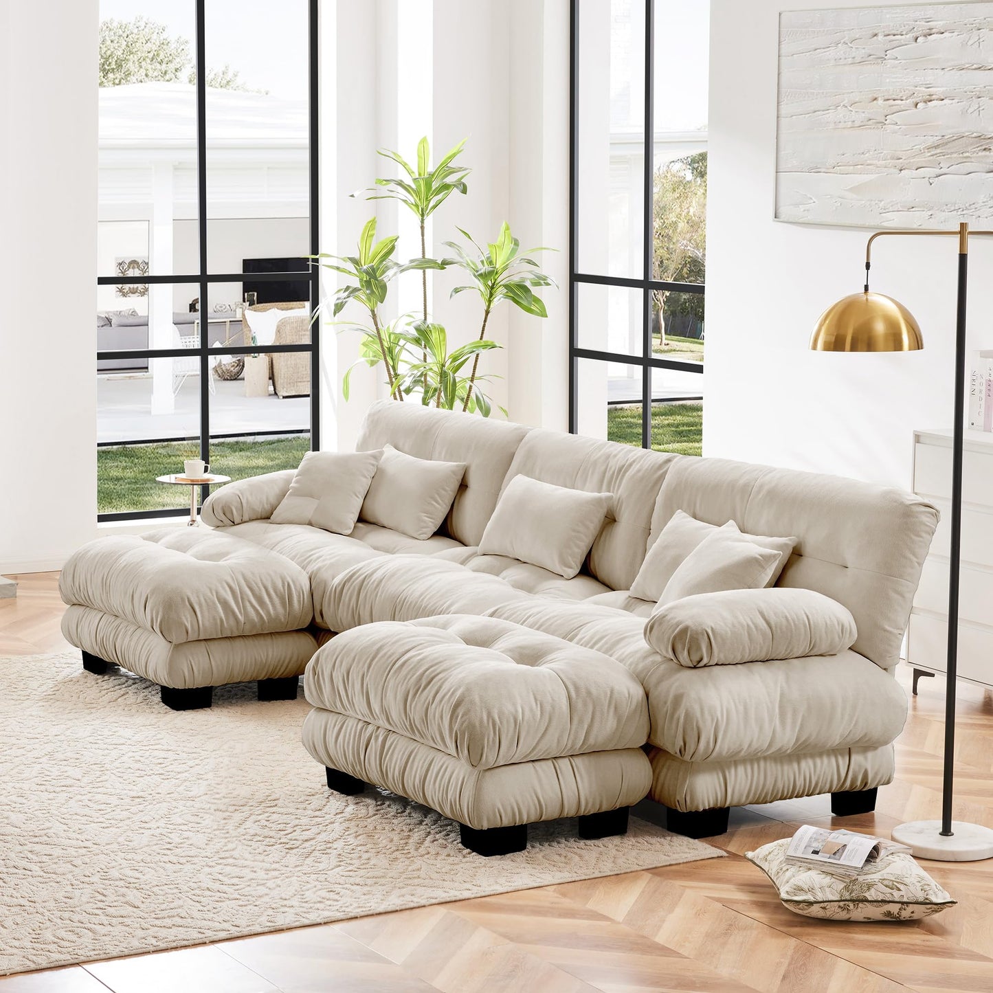KEIKI 133" Sectional Sofa with Removable Ottomans, 5 Seat U Shaped Sleeper Cloud Couch Set, Comfy Chenille Upholstered Modular SofaBed for Apartment Living Room, Throw Pillows, Light Coffee