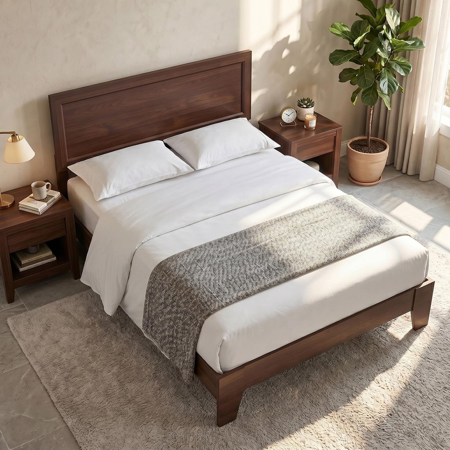 KOMFOTT Full Size Bed Frame, Mid-Century Modern Platform Bed with Headboard, Wooden Slat Support Mattress Foundation, Under-Bed Storage Space, No Box Spring Needed (Walnut,Full)