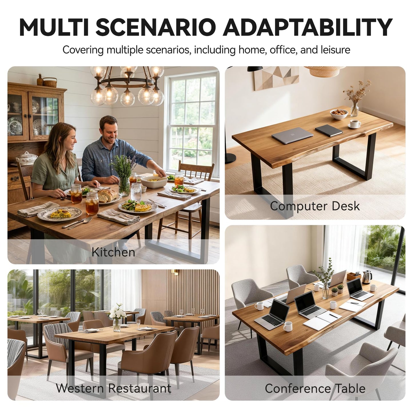 Heliosrider Farmhouse Live Edge Dining Table, Solid Wood Dining Table with 2" Table Top & Metal Base, Wood Slab Industrial Live Edge Desk for Kitchen & Dining Room 2,4,6 People (55.1 * 27.5 * 29.5IN)