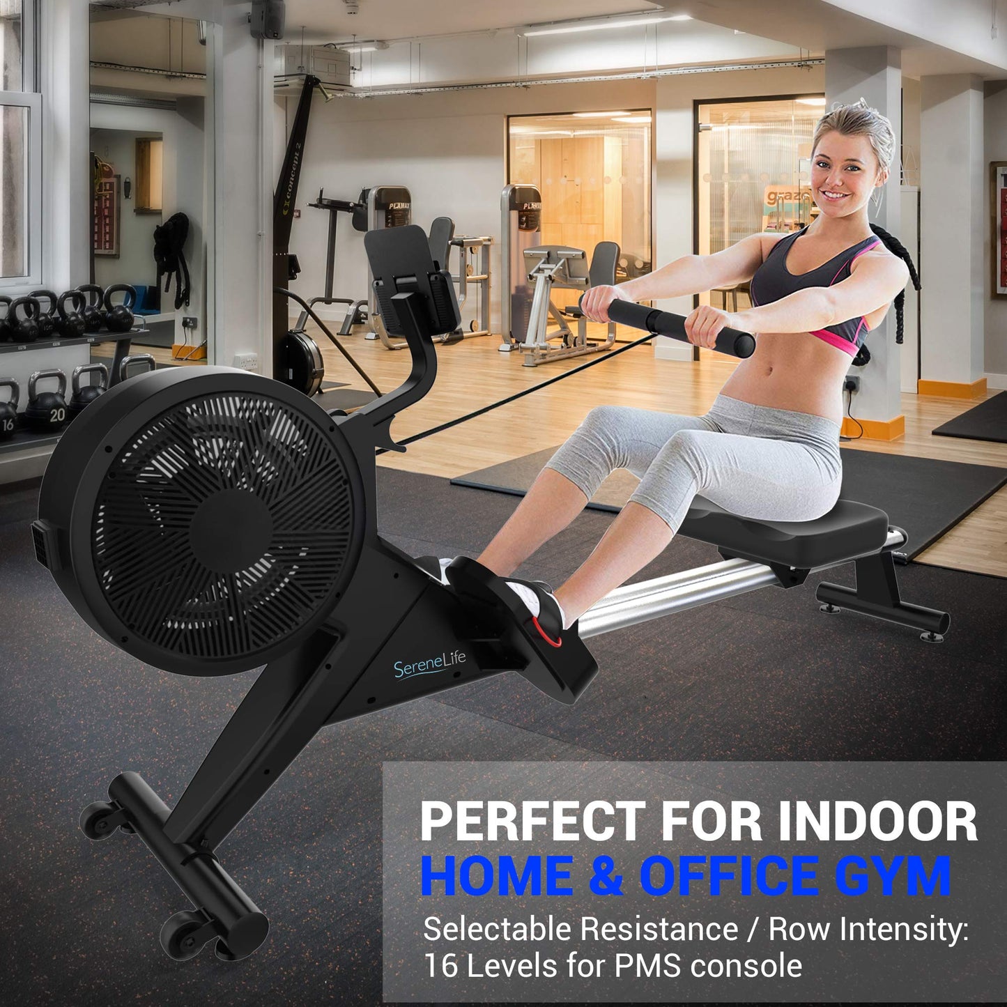 SereneLife Exercise Folding Rowing Machines Magnetic - 16Level Magnetic & Air Resistance Rowing Machine, Foldable Travel Portable Rower Fitness Machine with Bluetooth, LCD, App Compatible