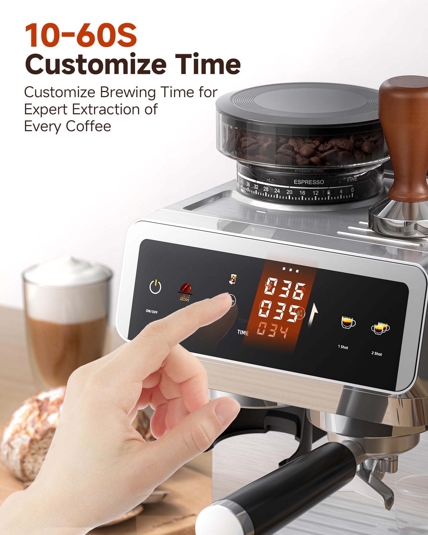 AMZCHEF Espresso Machine With Grinder, 190℉-201℉ Temp Control Coffee machine with 44 Grind Setting, Milk Frother, Touch Screen, Cold Brew, Sliver
