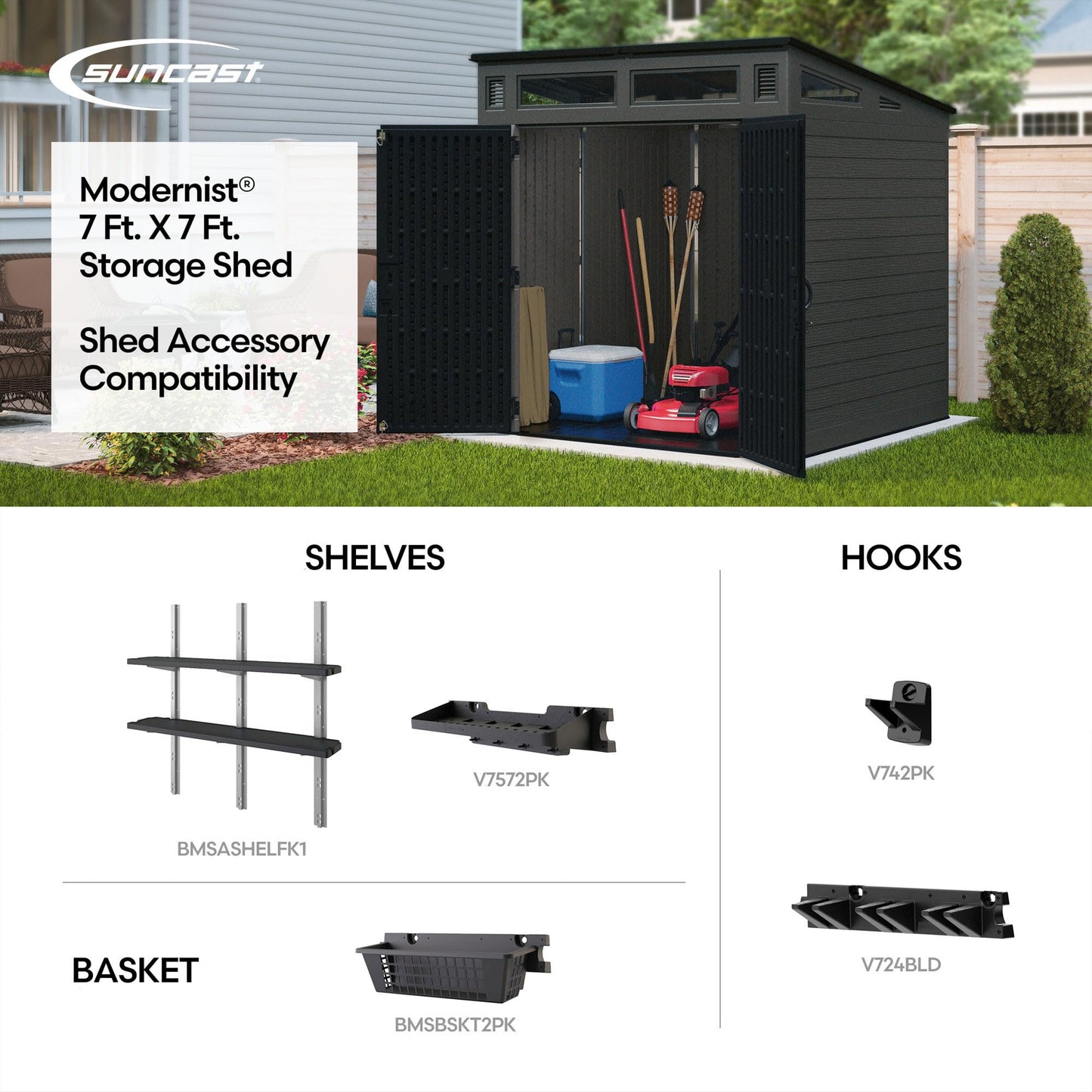 Suncast Modern Outdoor Storage Shed, 200 cu. ft. Peppercorn Resin Shed for Lawn Mower, Bikes, Utility Tools, Patio, & Yard. Weatherproof & Lockable Modern Sheds & Outdoor Storage, Made in USA