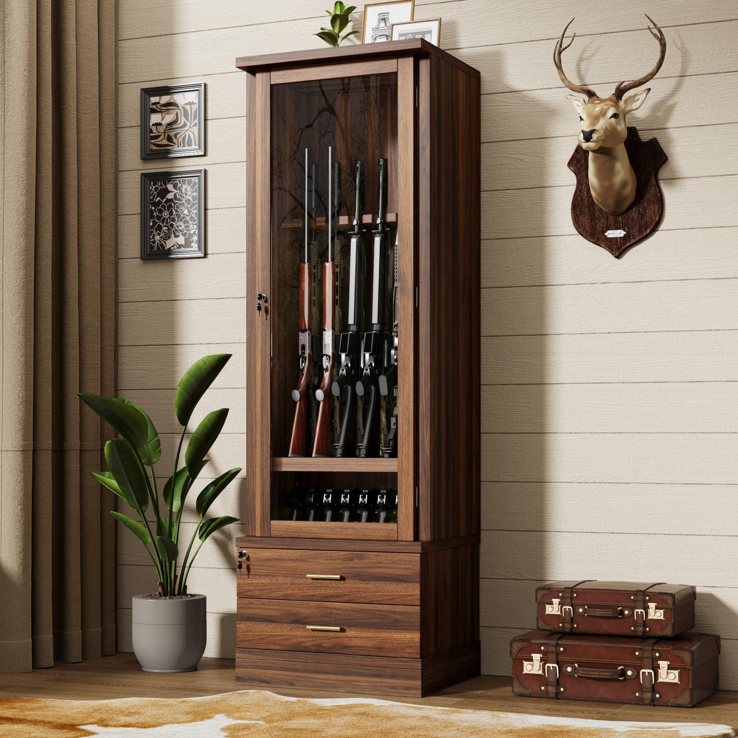 kepptory Gun Safe for 12 Long Rifles and 8 Shortgun, Gun Cabinet for Rifle with Mechanical Lock, Espresso Wood Gun Cabinet for Dinning Living Room, Easy Assembly