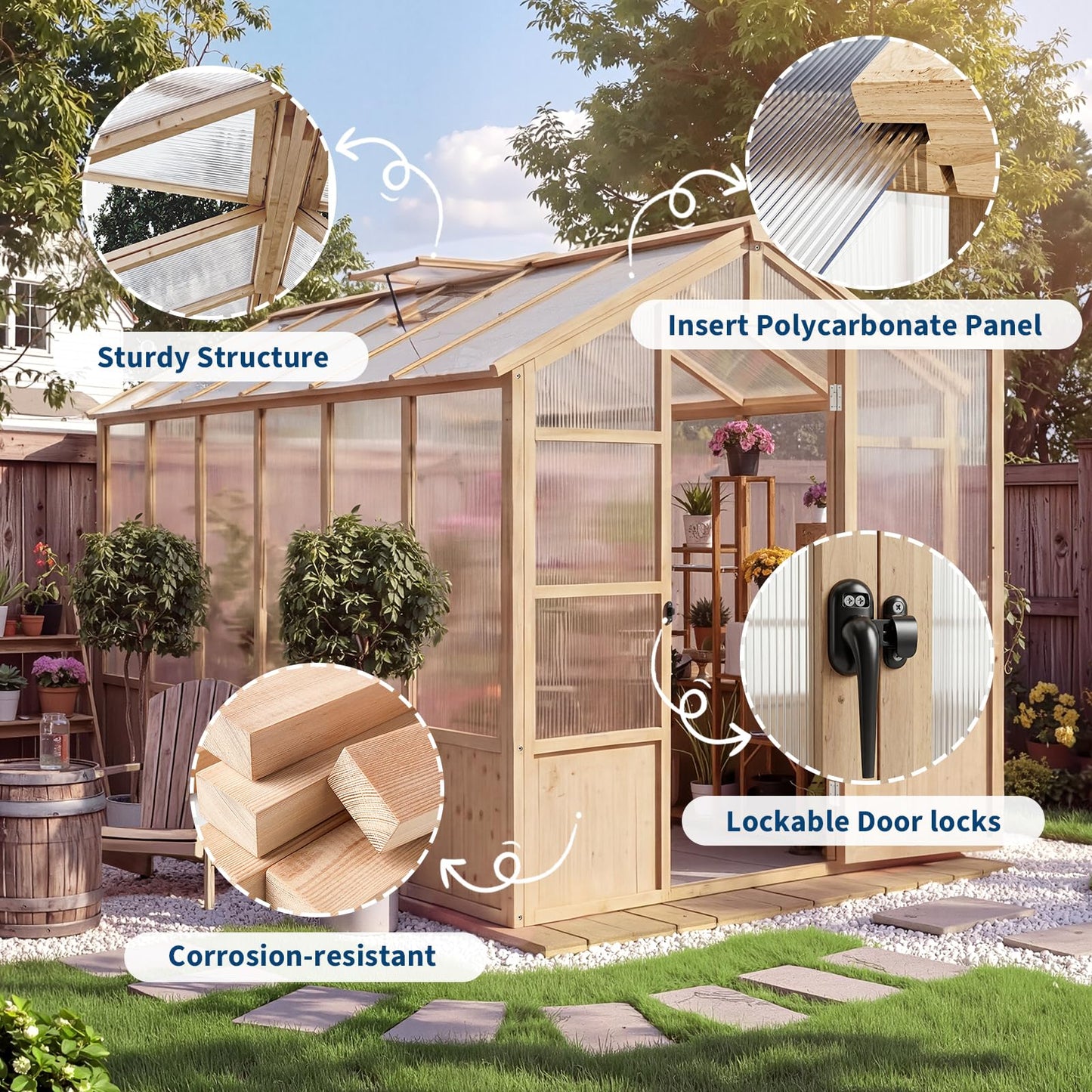 Large Wood Frame Greenhouse for Outdoor - Wooden Walk-in Greenhouse Kit with Polycarbonate Panels, Ventilated Window & Lockable Door for Garden, Backyard, Patio, Lawn, Plant House