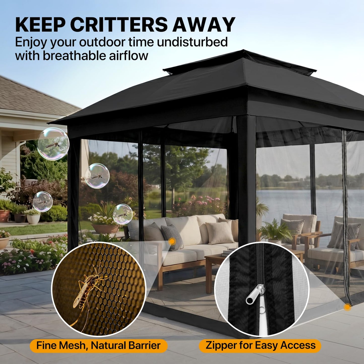 COOS BAY 11x11 Pop Up Gazebo with Mesh Netting, Instant Outdoor Canopy Tent, Water Resistant Shelter with UPF 50+ UV Protection, 121 Sq Ft Coverage, Black
