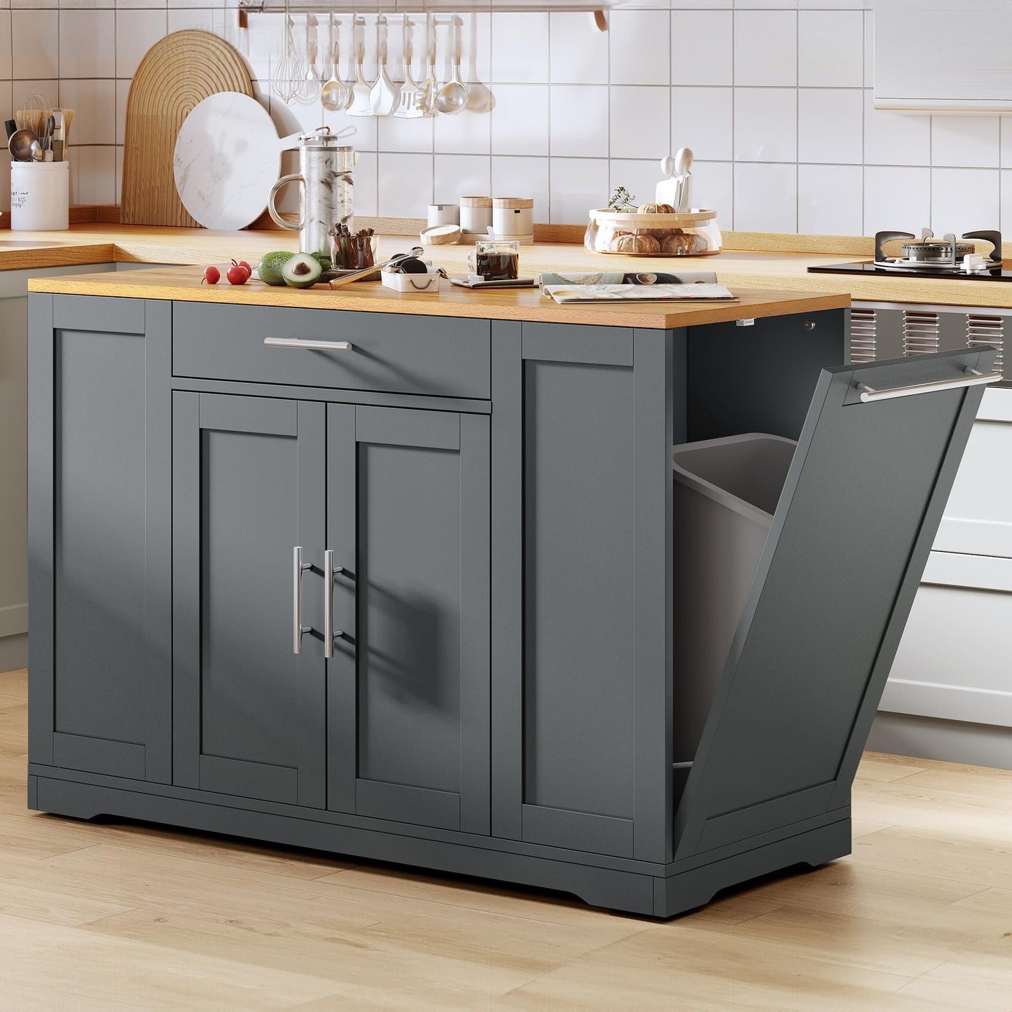 DWVO Large Kitchen Island with Trash Can Cabinet, 53 Inch Kitchen Island on Wheels, Rolling Island with Tilt-Out Garbage Storage Fits 13 Gallon Bin, Spice Rack and Drawer, for Dining Room, Gray