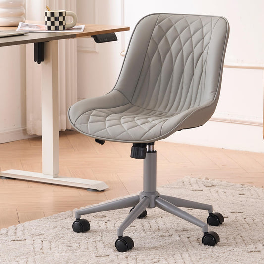 YOUNIKE Grey Faux Leather Ergonomic Office Chair Armless Comfy Desk Chair with Rocking Back Cute Swivel Vanity Chair with Wheels Height Adjustable Small Computer Task Chair for Sewing Drafting