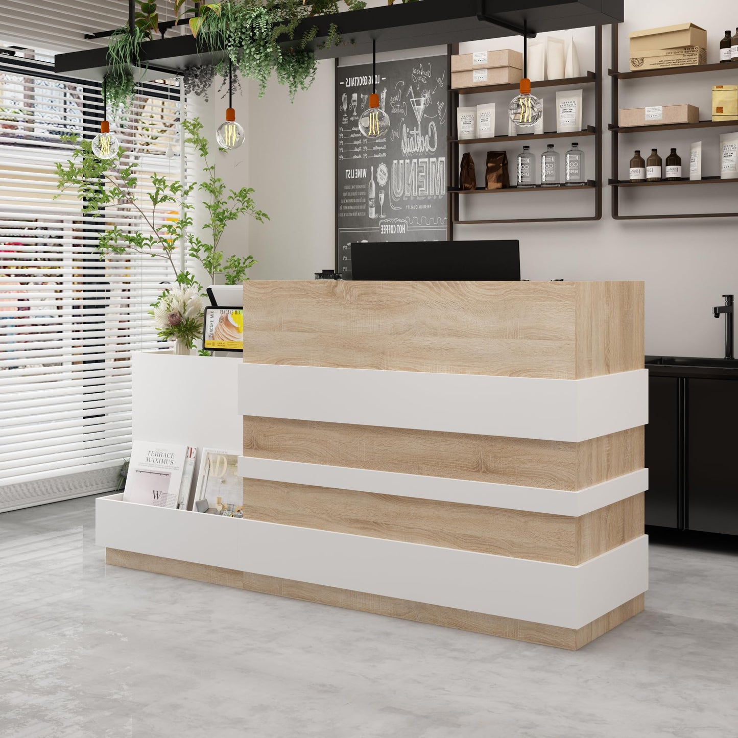 AIEGLE Checkout Counter, Modern Reception Desk with Drawer & 2-Door Storage Cabinet, 87.2" W Office Reception Desk with Open Front Cubby for Salon, Lobby, Shop, White & Oak