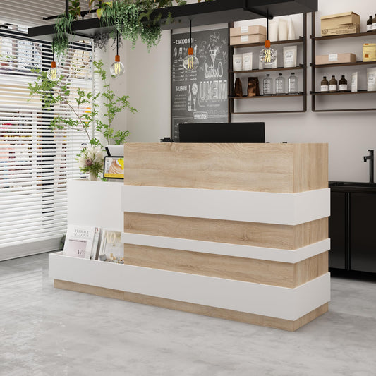 AIEGLE Checkout Counter, Modern Reception Desk with Drawer & 2-Door Storage Cabinet, 87.2" W Office Reception Desk with Open Front Cubby for Salon, Lobby, Shop, White & Oak