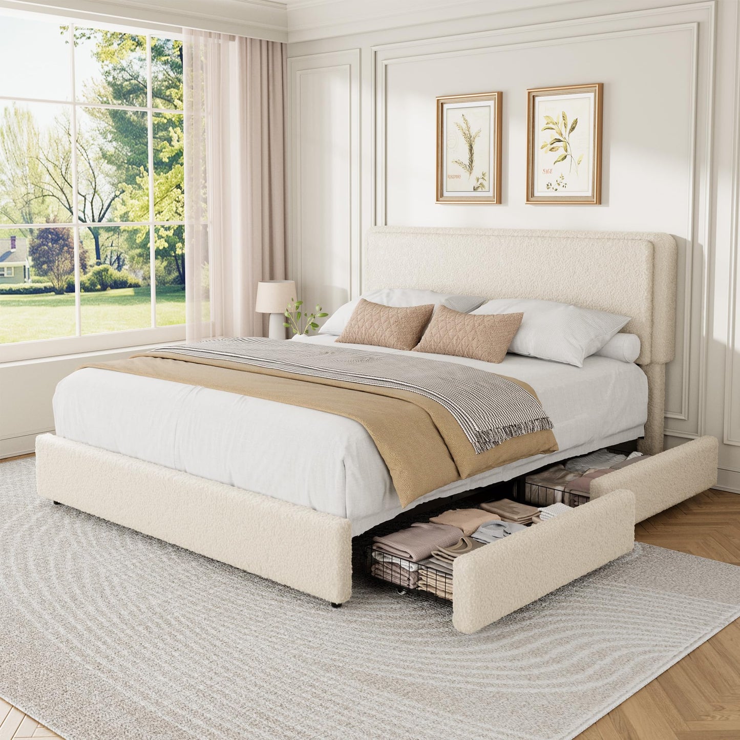 GarveeHome Queen Size Bed Frame with 2 Storage Drawer, Teddy Fleece Thick Upholstered Platform Bed Frame with Adjustable Headboard, No Box Spring Needed, Cream Beige