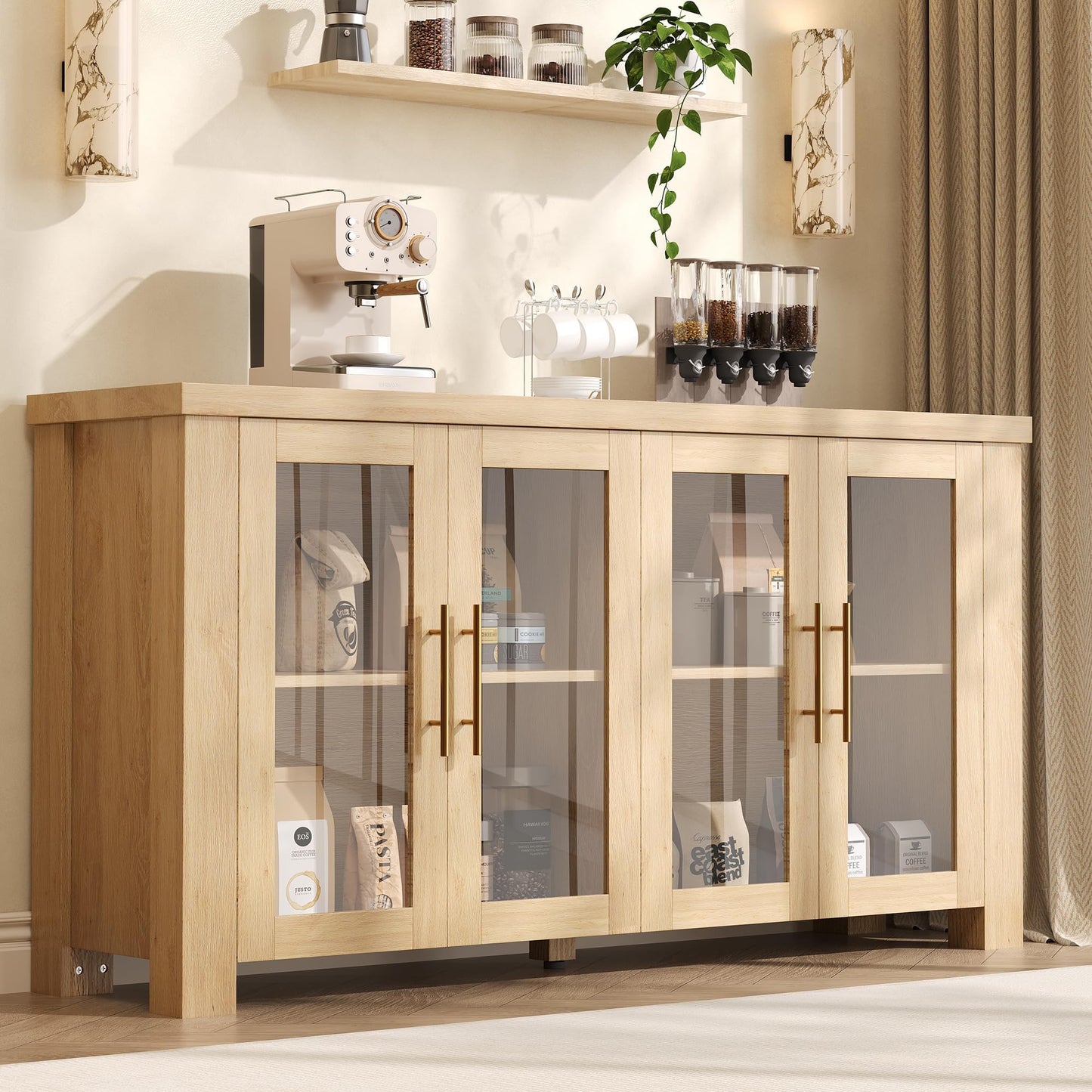 IDEALHOUSE 59" Buffet Cabinet with Storage, Modern Sideboard Credenza wit Tempered Glass Doors, Sturdy Media Console Coffee Bar Table for Living Room Kitchen Dining Room Natural
