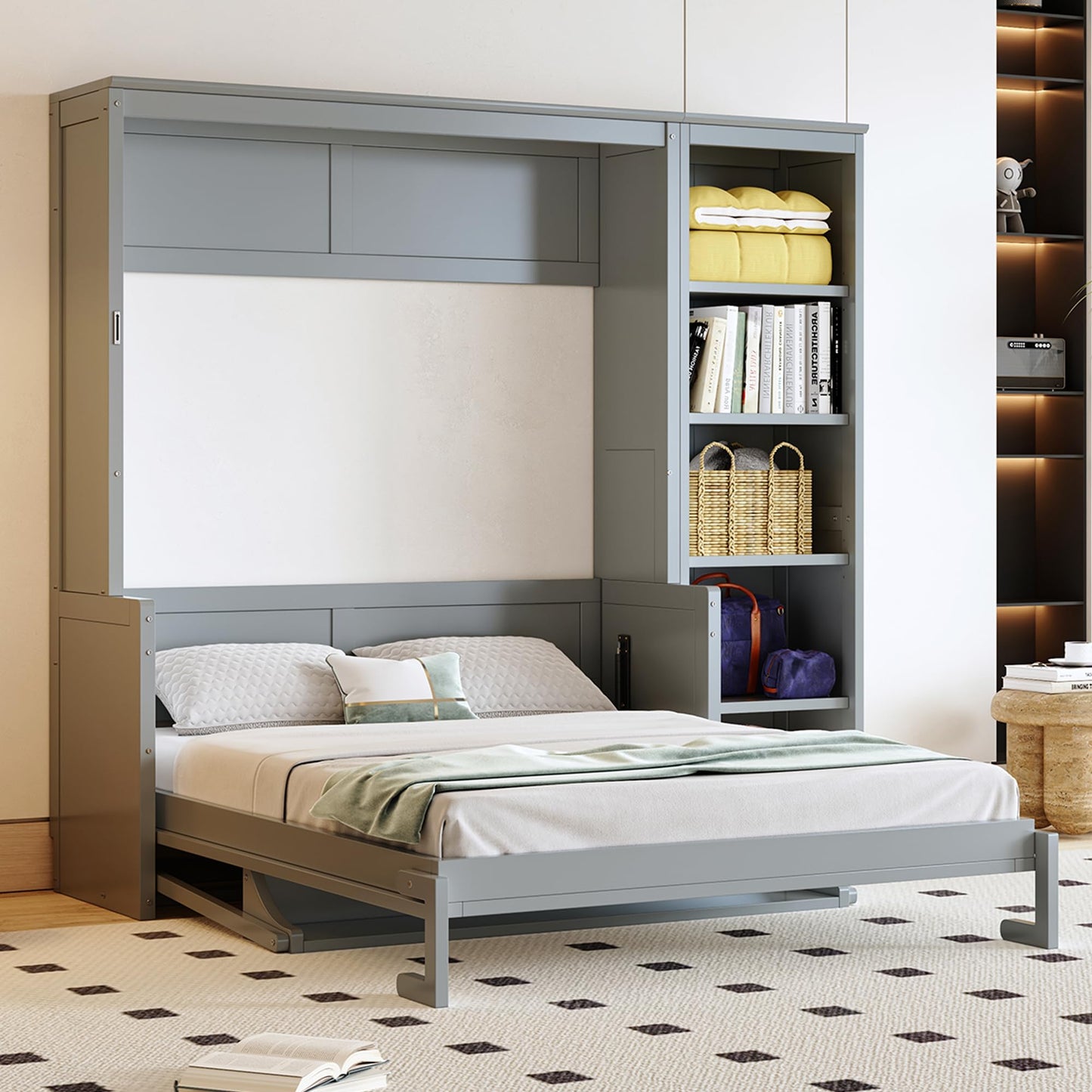 MERITLINE Full Murphy Bed with Desk and Storage Shelves,Wood Hideaway Murphy Wall Bed with Storage Bookcase for Adults (Grey,Full)