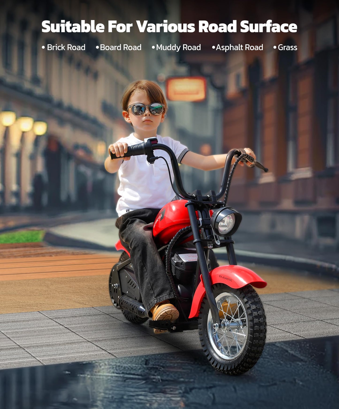 ELEMARA Electric Dirt Bike, 15 mph & 150lb Max, 24V Ride on Toy for Big Kids w/LED Lights & Power Display,Chain-Driven Motor,Twist-Grip Throttle, Shock Springs,Handbrake,12" Air-Filled Tires-Red