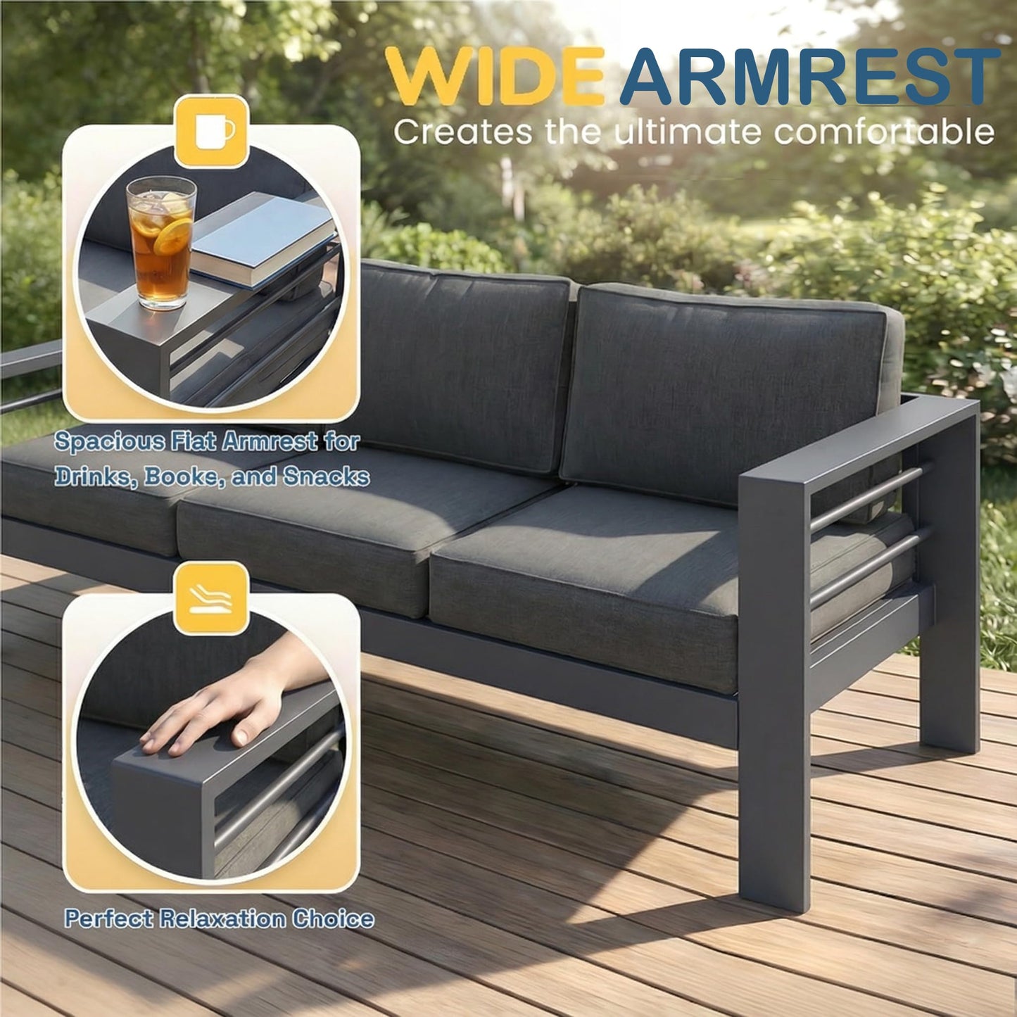 Solaste Aluminum Patio Furniture Set for All Weather, Oversized Metal Outdoor Furniture Set with 27.5" Deep Seating and 3.2" Wide Armrest, Outdoor Patio Conversation Sets with 10" Back Suport Cushion