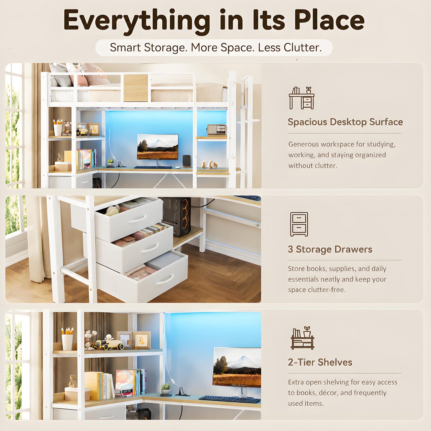 GarveeLife Twin Size Loft Bed Frame with Desk and Storage Shelves, Metal Loft Bed with Ladder and Full-Length Guardrails, Space Saving Kids Bed with Built-in Workstation for Bedroom, White