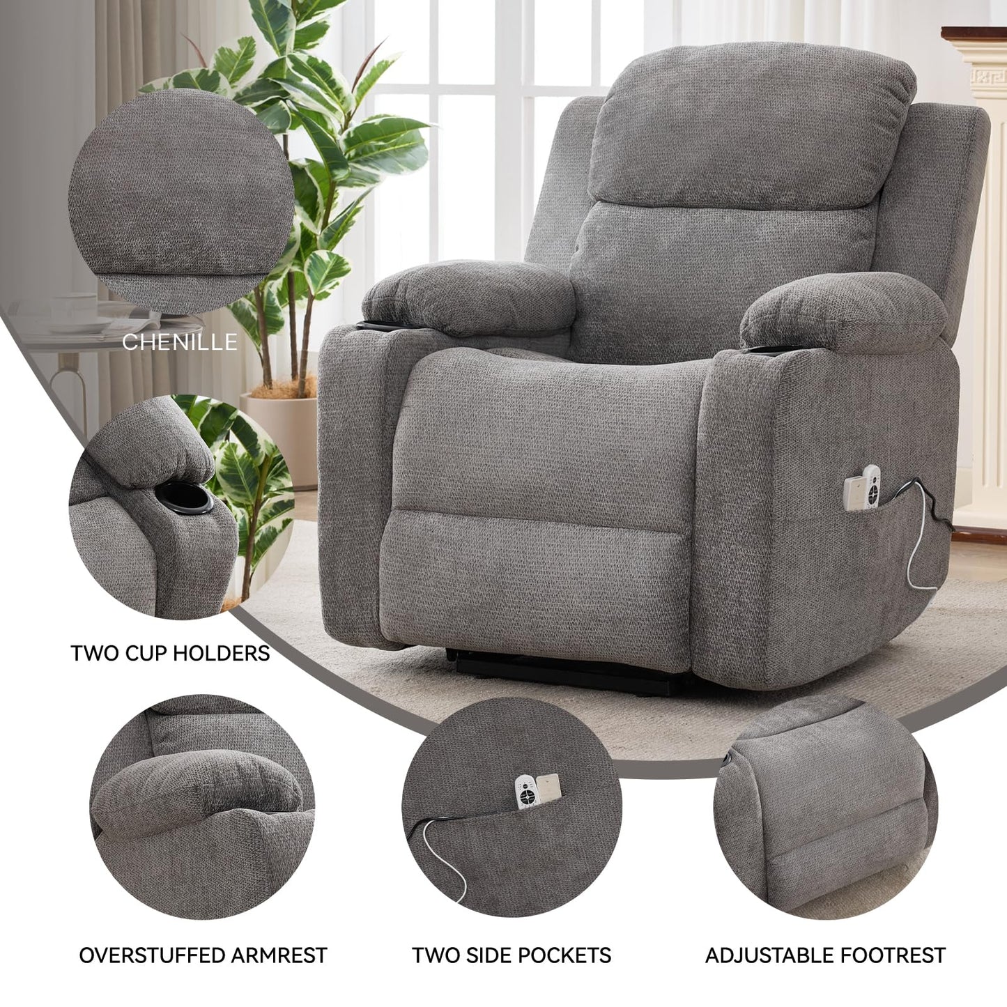 Eafurn Power Lift Recliner Chair for Elderly with Massage and Heat, Heavy Duty Electric Living Room Reclining Chair with 8-Point Vibration & Lumbar Heating, Dual USB Ports, 2 Cup Holders