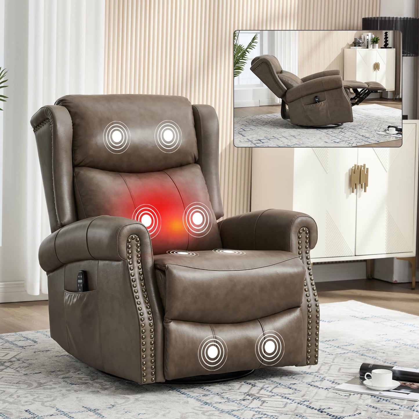 Heat Massage Manual Recliner Chair with Rocking and 360° Swivel Base, Genuine Leather Recliner Chair with Lumbar Heat, 8-Point Vibration Massage, 155° Reclining Living Room Chair for Adults, Grey