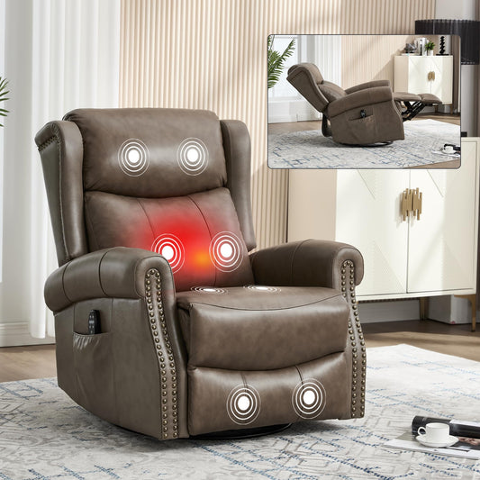 Heat Massage Manual Recliner Chair with Rocking and 360° Swivel Base, Genuine Leather Recliner Chair with Lumbar Heat, 8-Point Vibration Massage, 155° Reclining Living Room Chair for Adults, Grey
