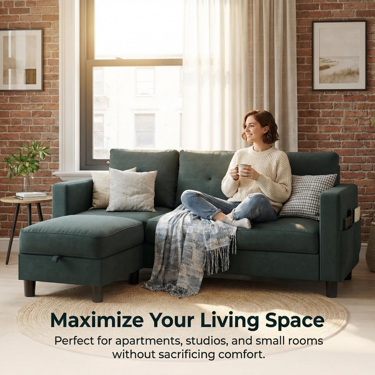 SUNLEI Convertible L-Shaped Sectional Couches for Living Room, Space-Saving 3-Seat Couch for Small Apartments & Living Rooms, Linen Fabric, Dark Grey