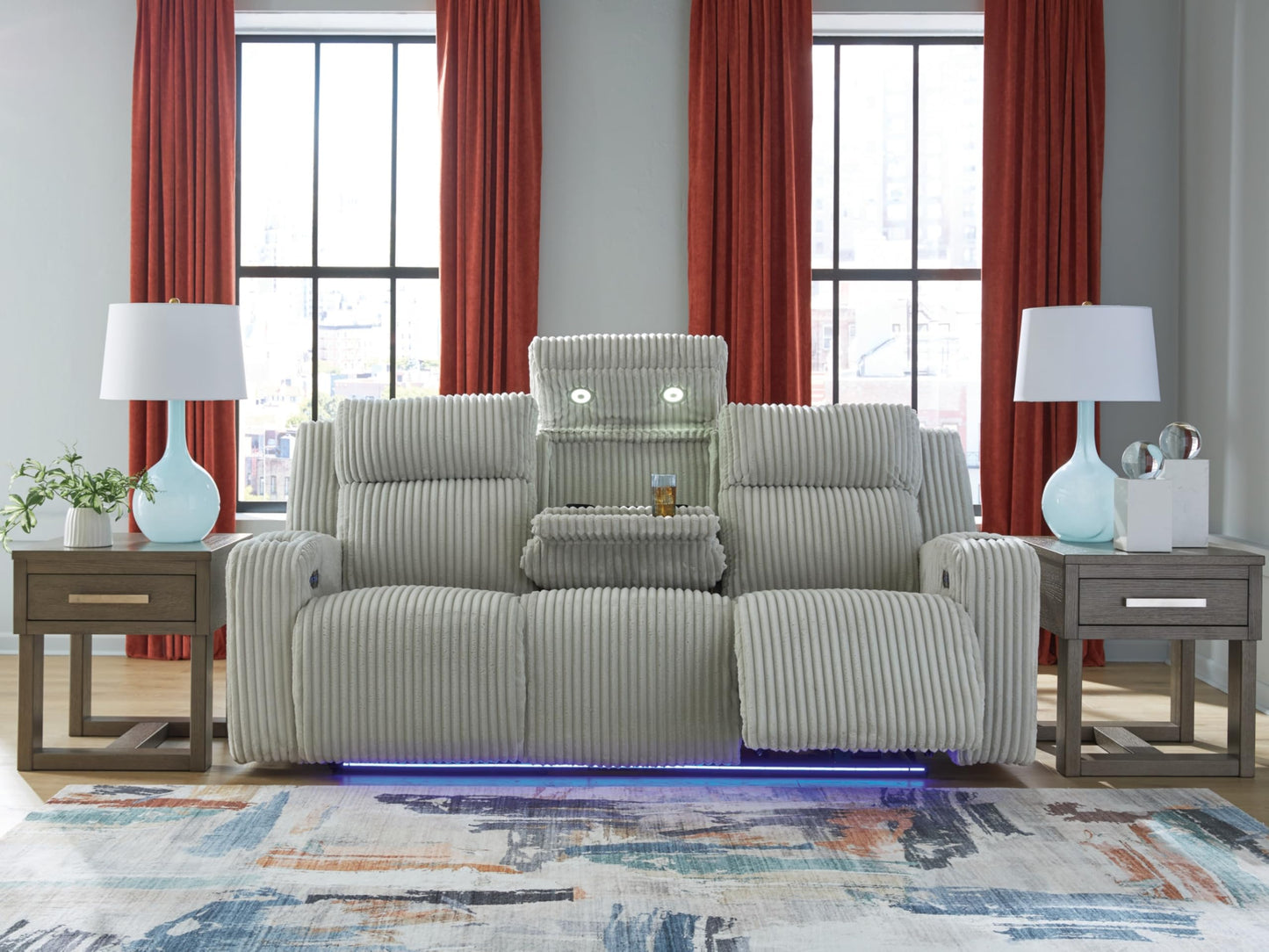 Signature Design by Ashley Broad Cove Modern Power Reclining Sofa with Drop Down Table, Audio Sound System and Adjustable Headrest, White