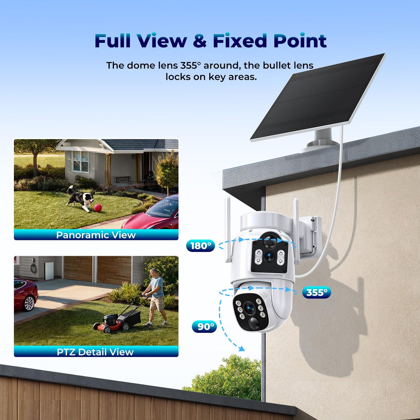 Camcamp Solar Security Cameras Wireless Outdoor,Dual-Lens Solar Camera System for Home Security, 4 Cameras (8 Screen), 10CH NVR with 500GB HDD, 360°PTZ, No Monthly Fee, Color Night Vision